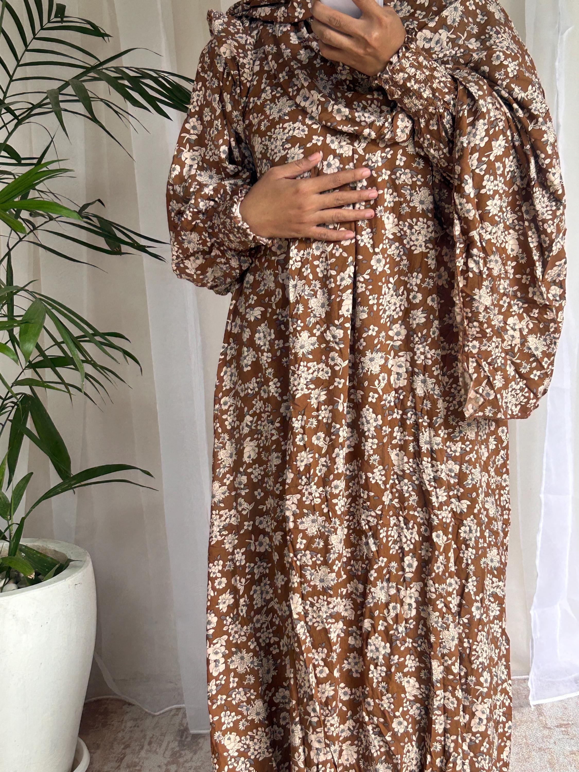 Earth Tone Floral Prayer Dress with Attached Hijab | Modest Muslim Prayer Wear