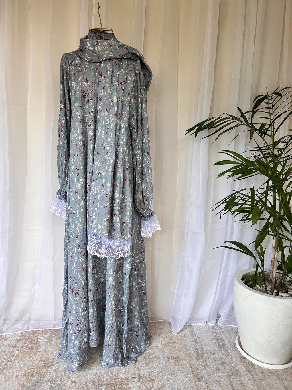 Long Blue Floral Prayer Dress with Attached Hijab | A-Line Modest Islamic Outfit