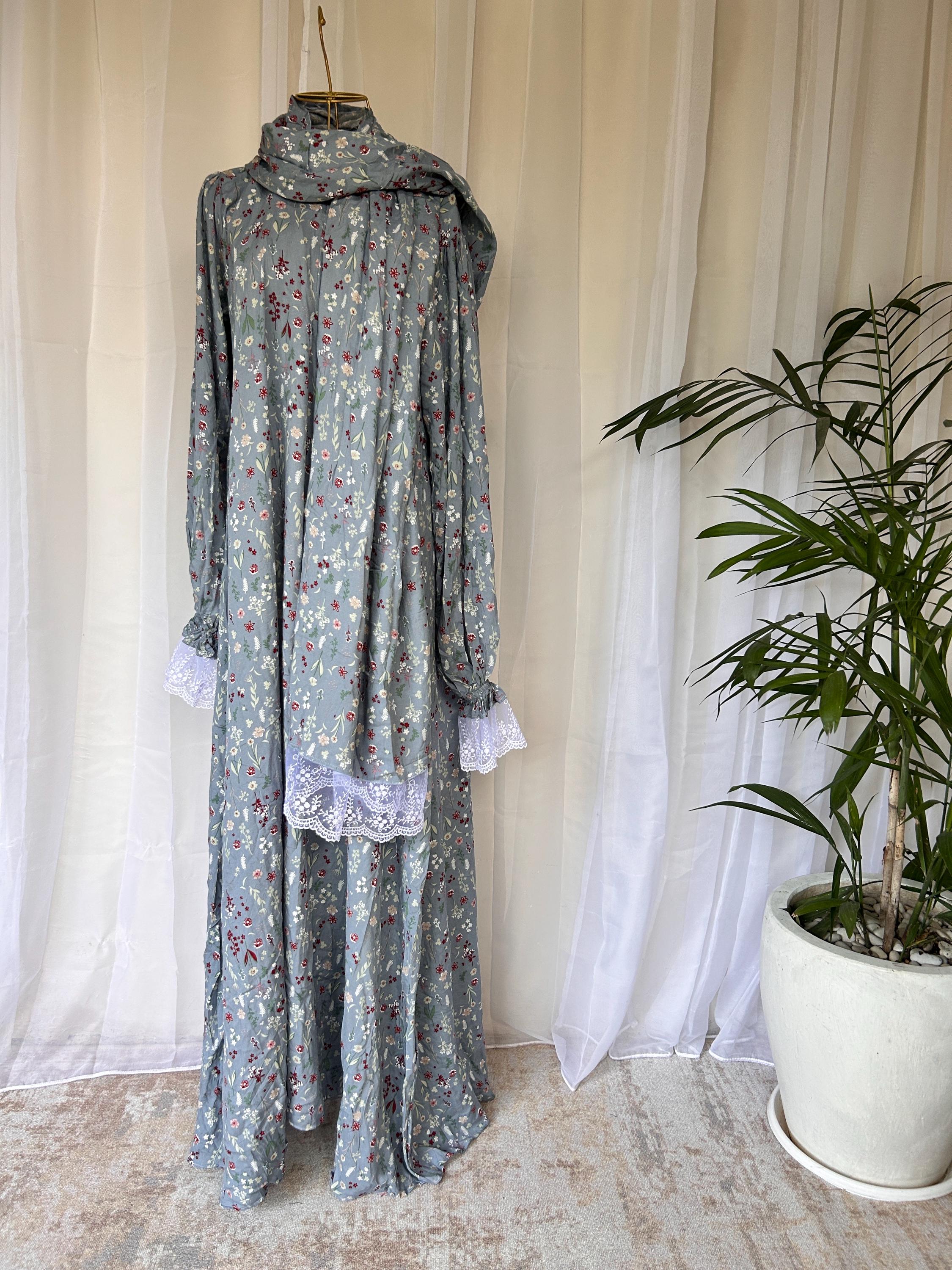 Long Blue Floral Prayer Dress with Attached Hijab | A-Line Modest Islamic Outfit