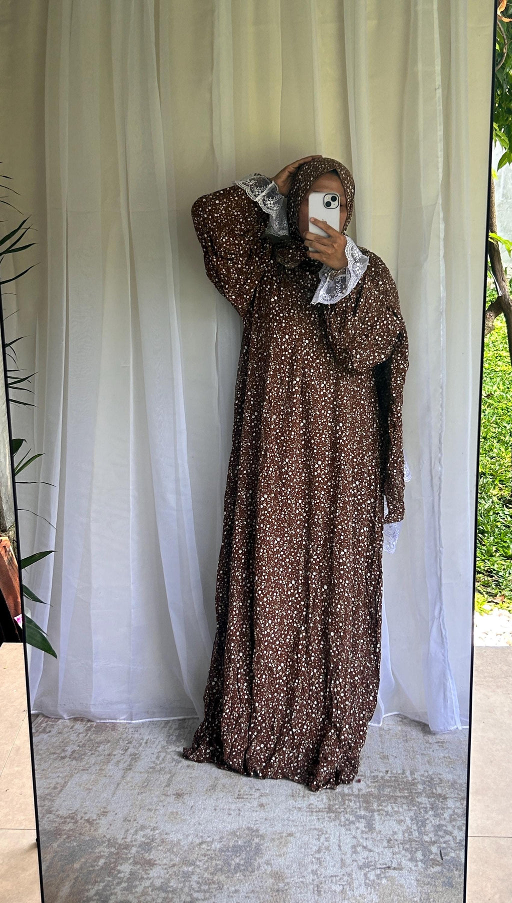 Brown Floral Prayer Dress with Attached Hijab | Flowing A-Line Modest Muslim Wear