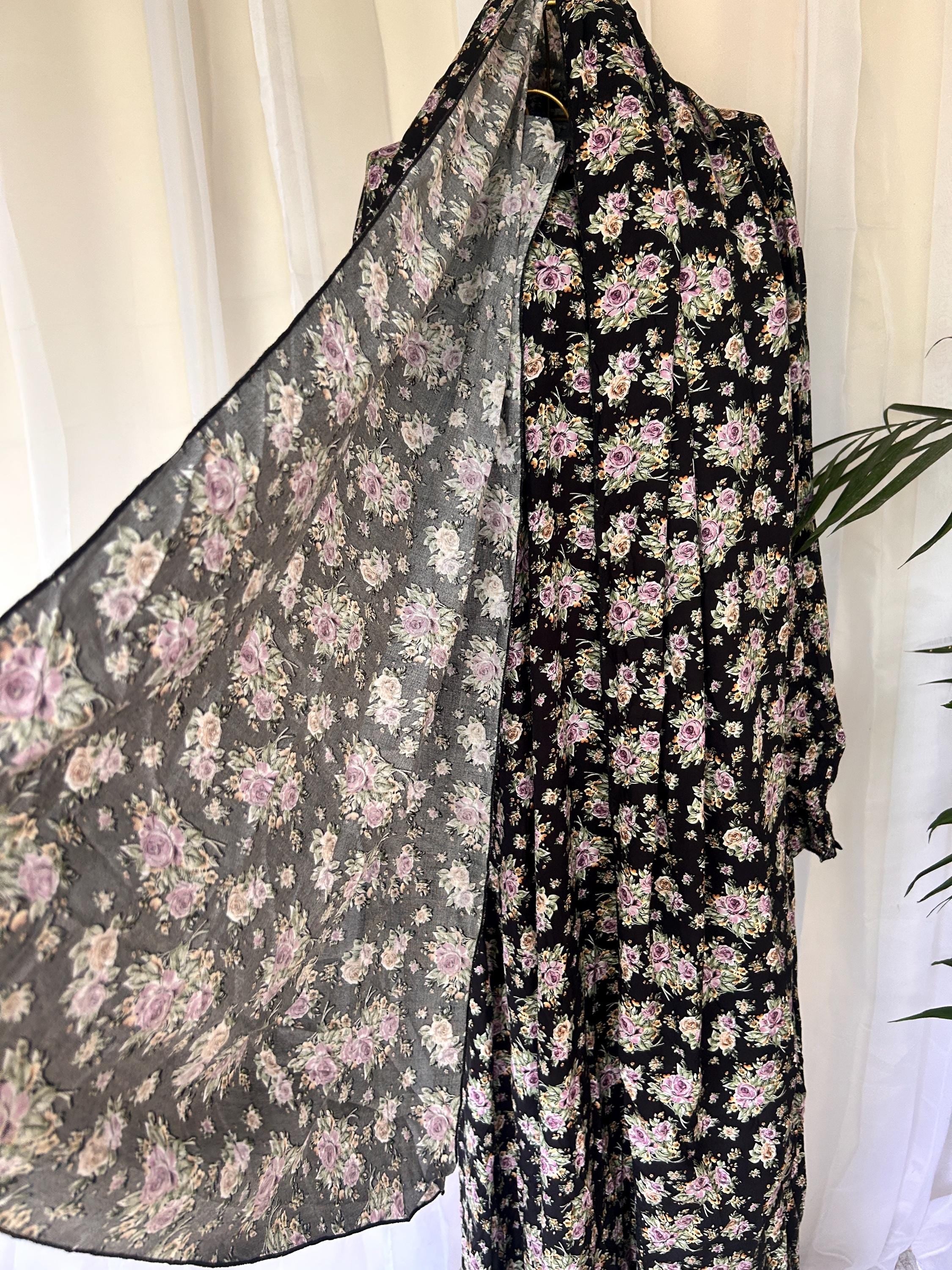 Long Black Floral Prayer Dress | Attached Hijab A-Line Islamic Prayer Outfit