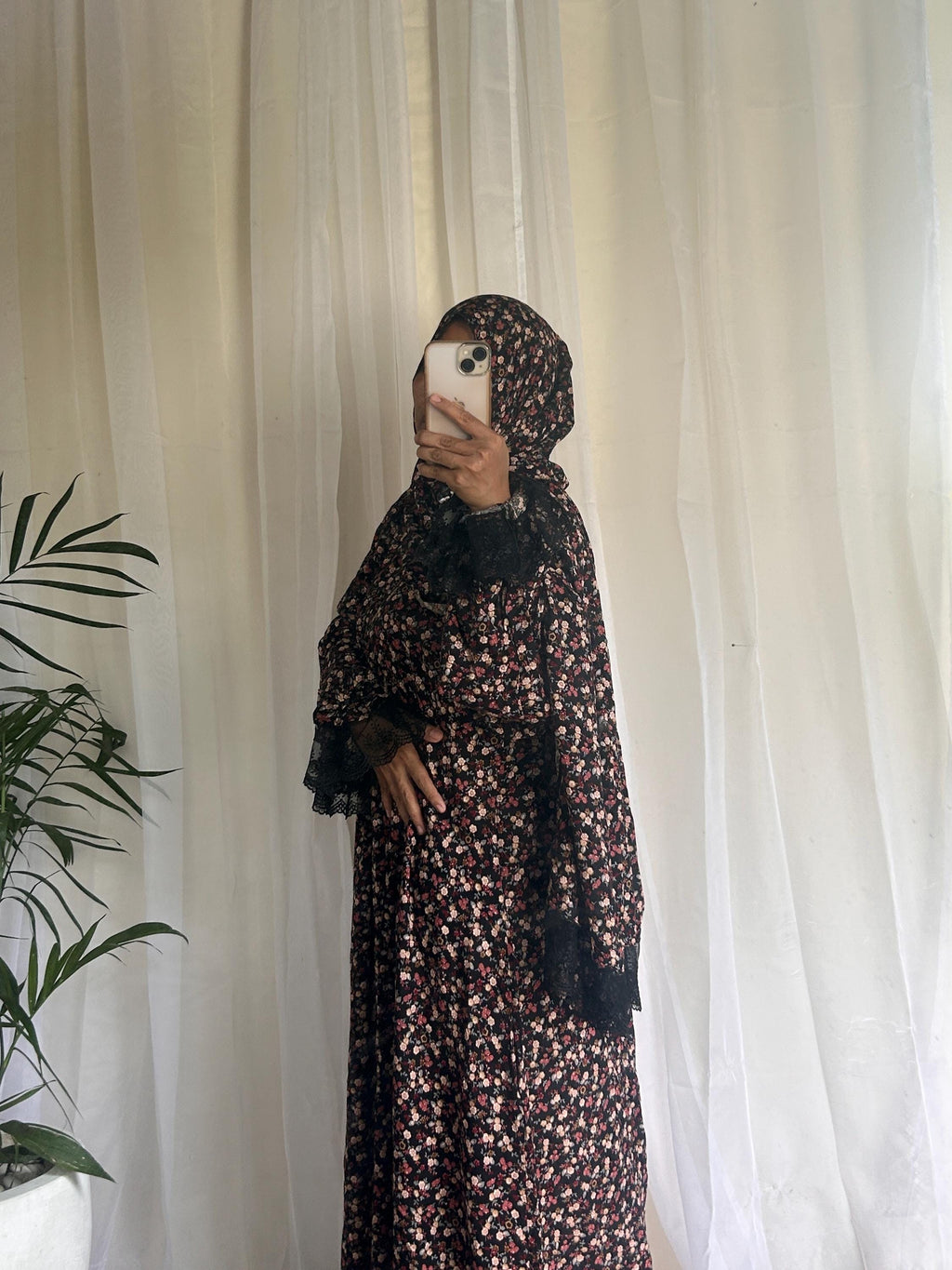 Black & Brown Floral Prayer Dress with Attached Hijab | Long A-Line Mukena