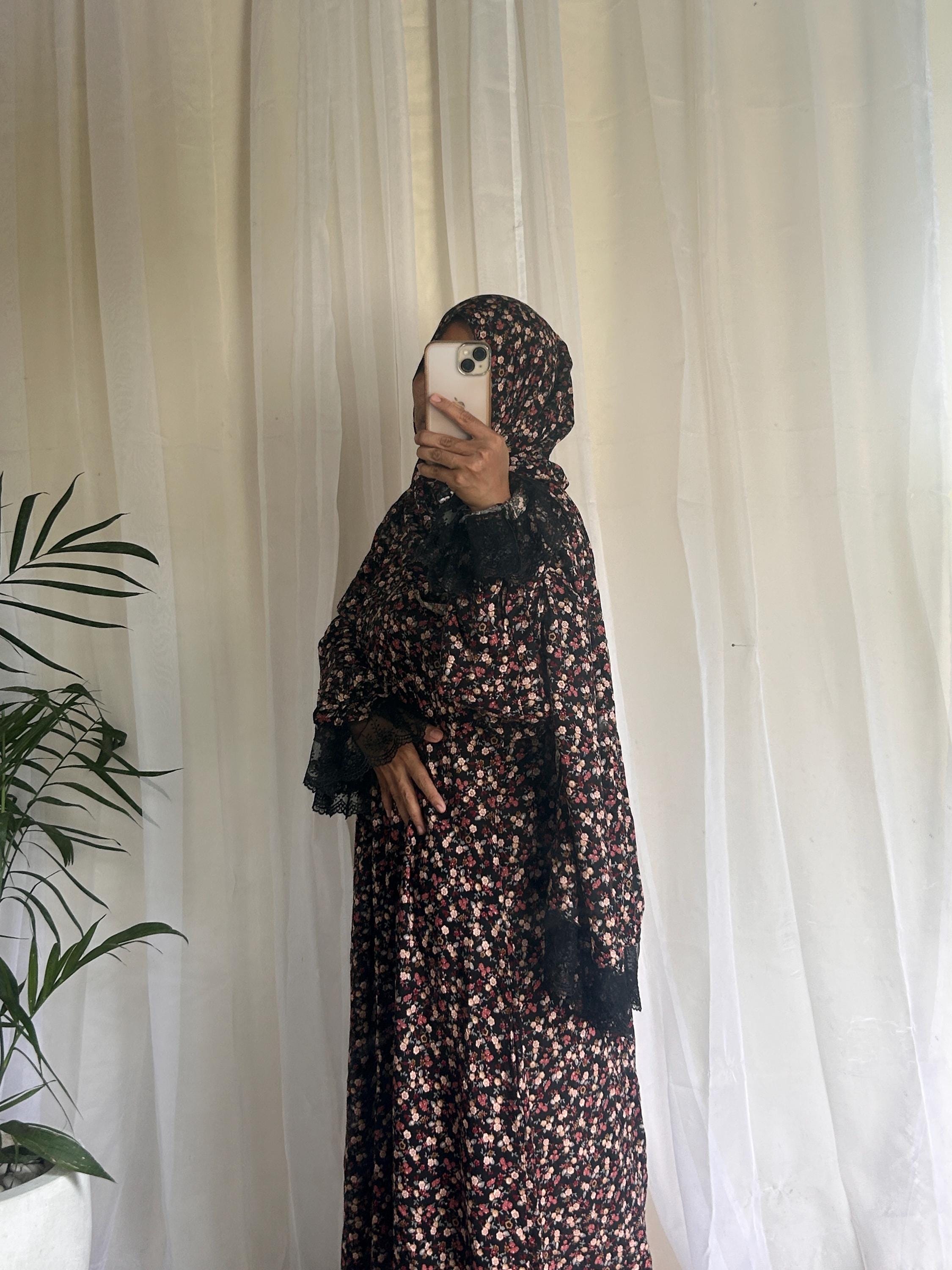 Black & Brown Floral Prayer Dress with Attached Hijab | Long A-Line Mukena