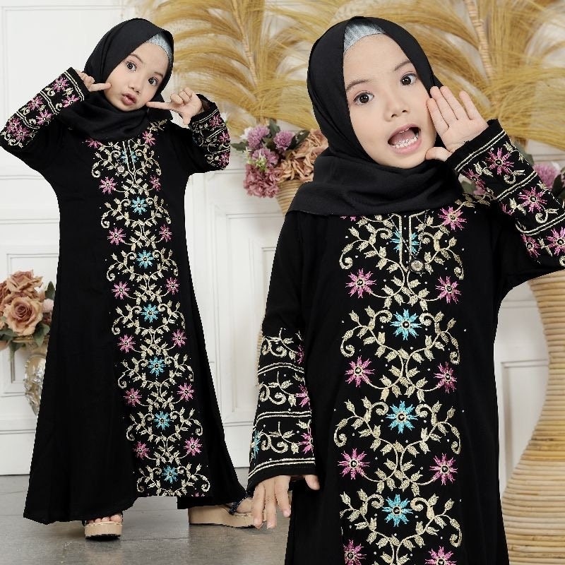TURKEY 1301 Black Baby Girl Abaya Set with Pashmina | Saudi Style Outfit for Ramadan, Eid & Umrah