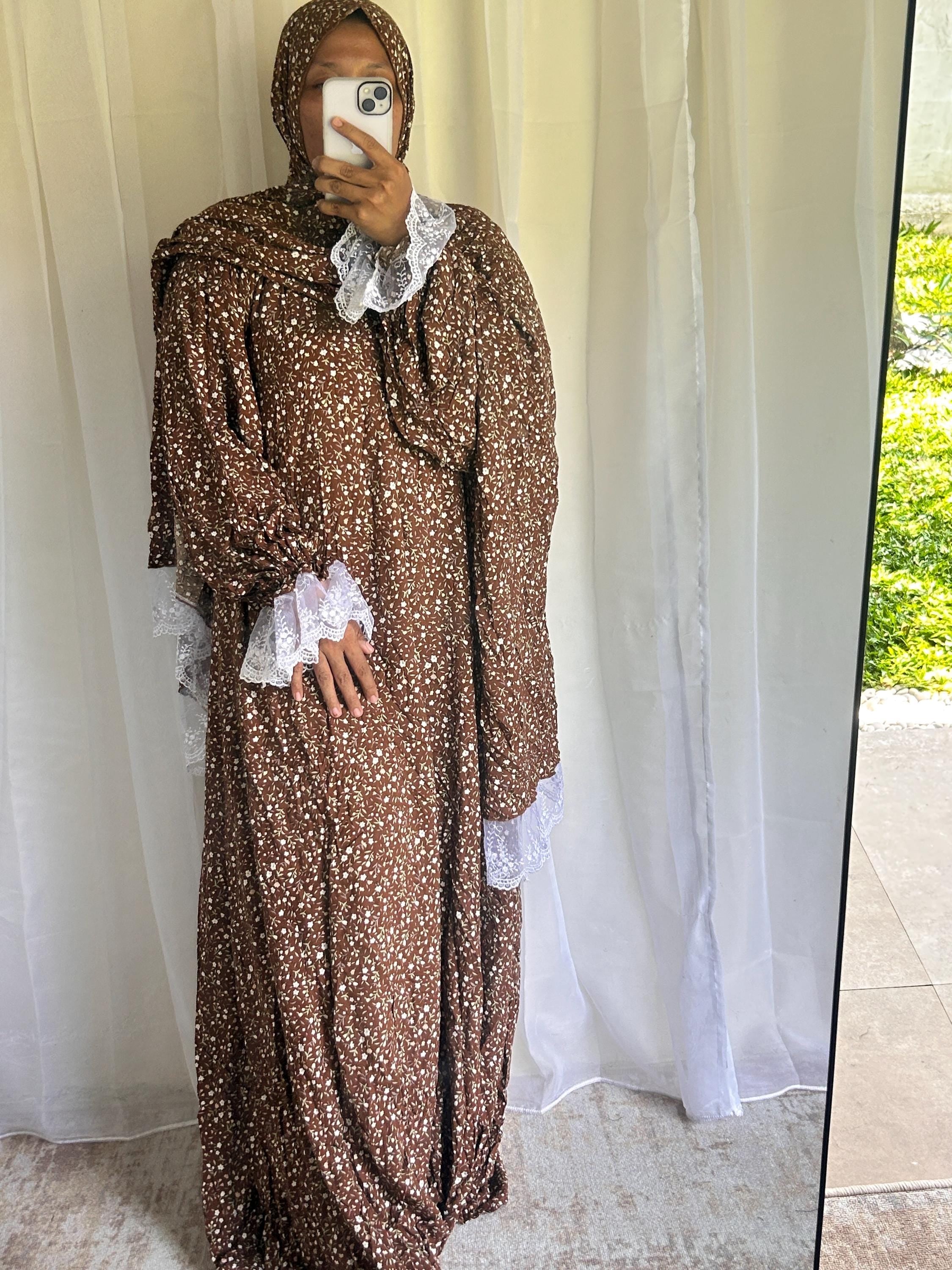Brown Floral Prayer Dress with Attached Hijab | Flowing A-Line Modest Muslim Wear