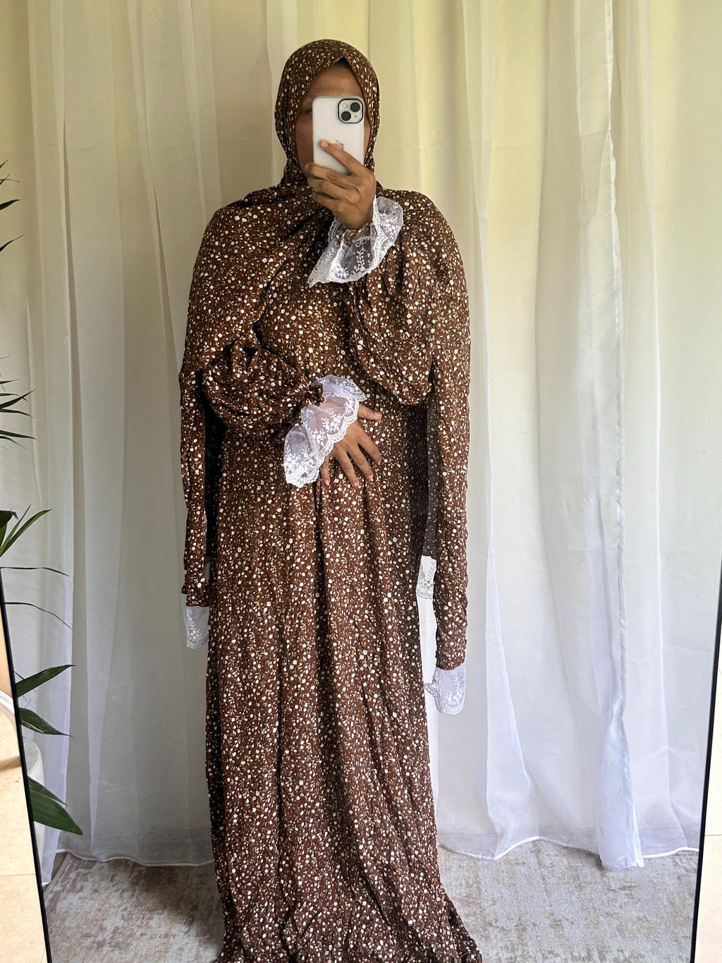 Brown Floral Prayer Dress with Attached Hijab | Flowing A-Line Modest Muslim Wear