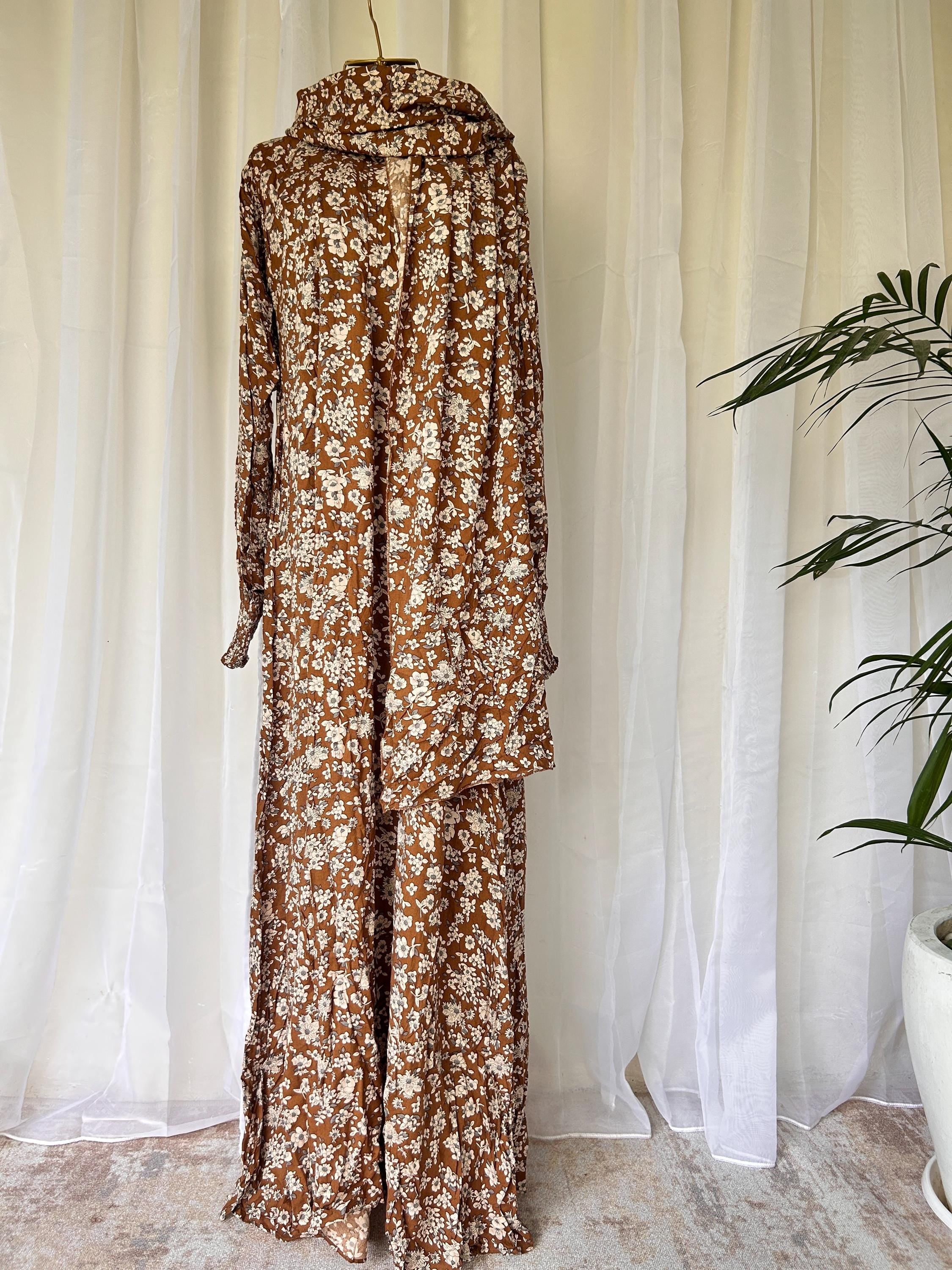 Earth Tone Floral Prayer Dress with Attached Hijab | Modest Muslim Prayer Wear