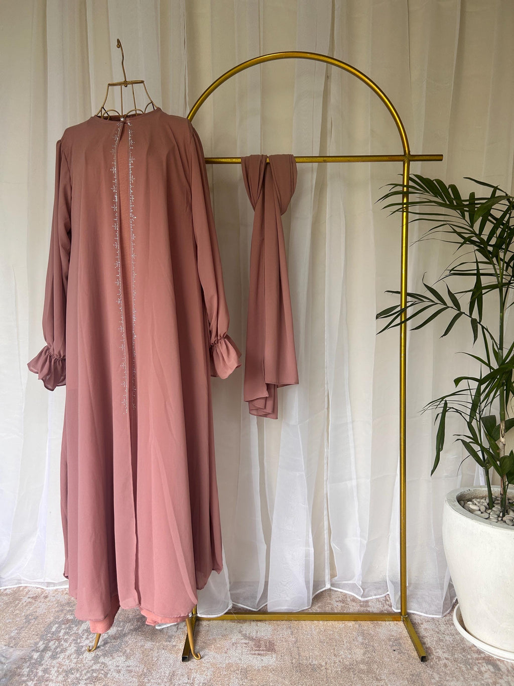 Raina Elegant Modest Mommy and Me Dress Set with Pashmina Hijab Dusty Pink