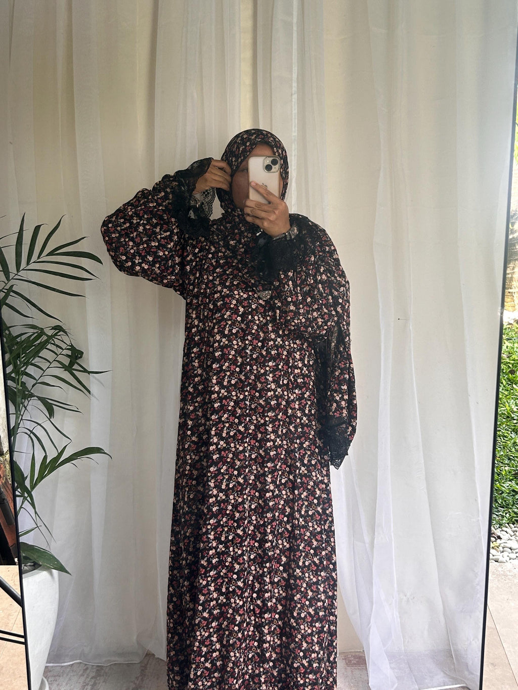 Black & Brown Floral Prayer Dress with Attached Hijab | Long A-Line Mukena