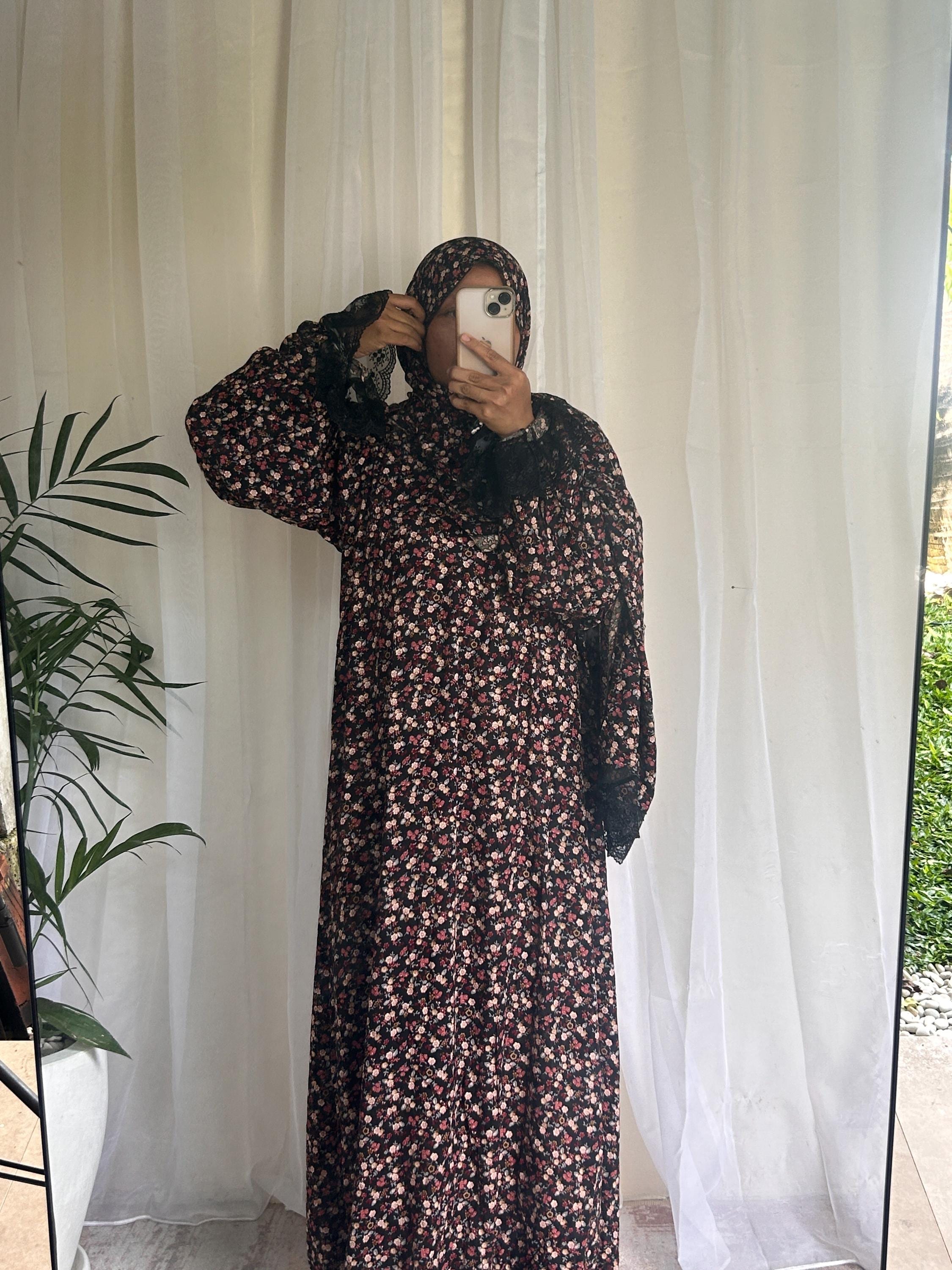 Black & Brown Floral Prayer Dress with Attached Hijab | Long A-Line Mukena
