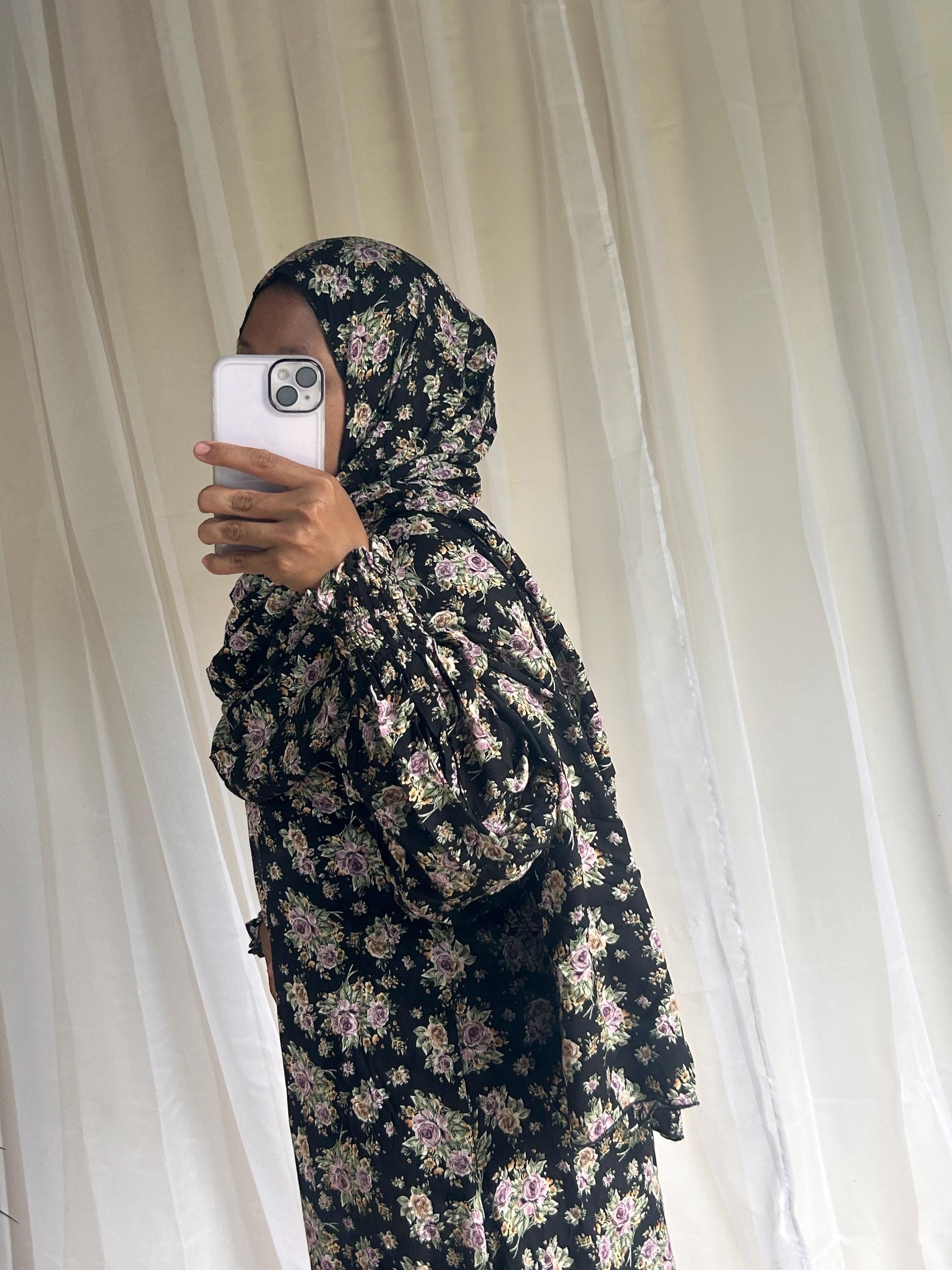 Long Black Floral Prayer Dress | Attached Hijab A-Line Islamic Prayer Outfit