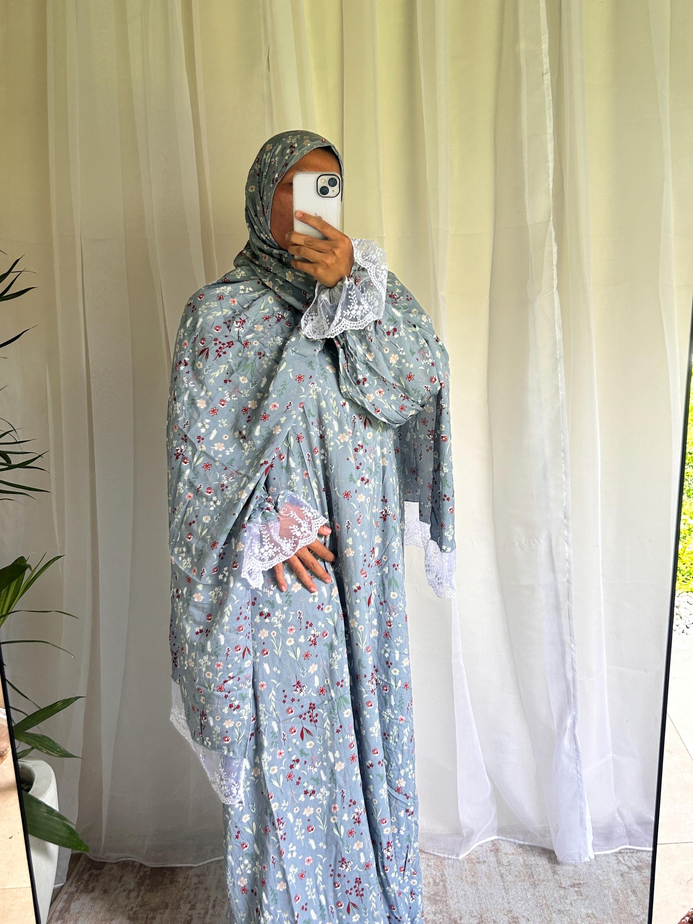 Long Blue Floral Prayer Dress with Attached Hijab | A-Line Modest Islamic Outfit