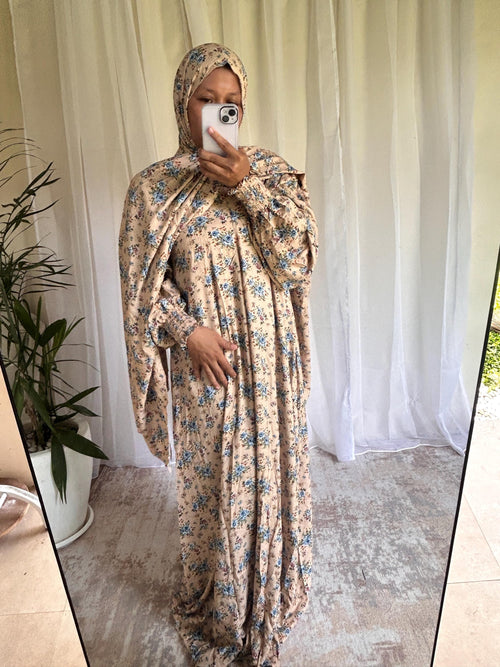 Cream Floral Prayer Dress with Built-In Hijab | Flowing A-Line Modest Wear