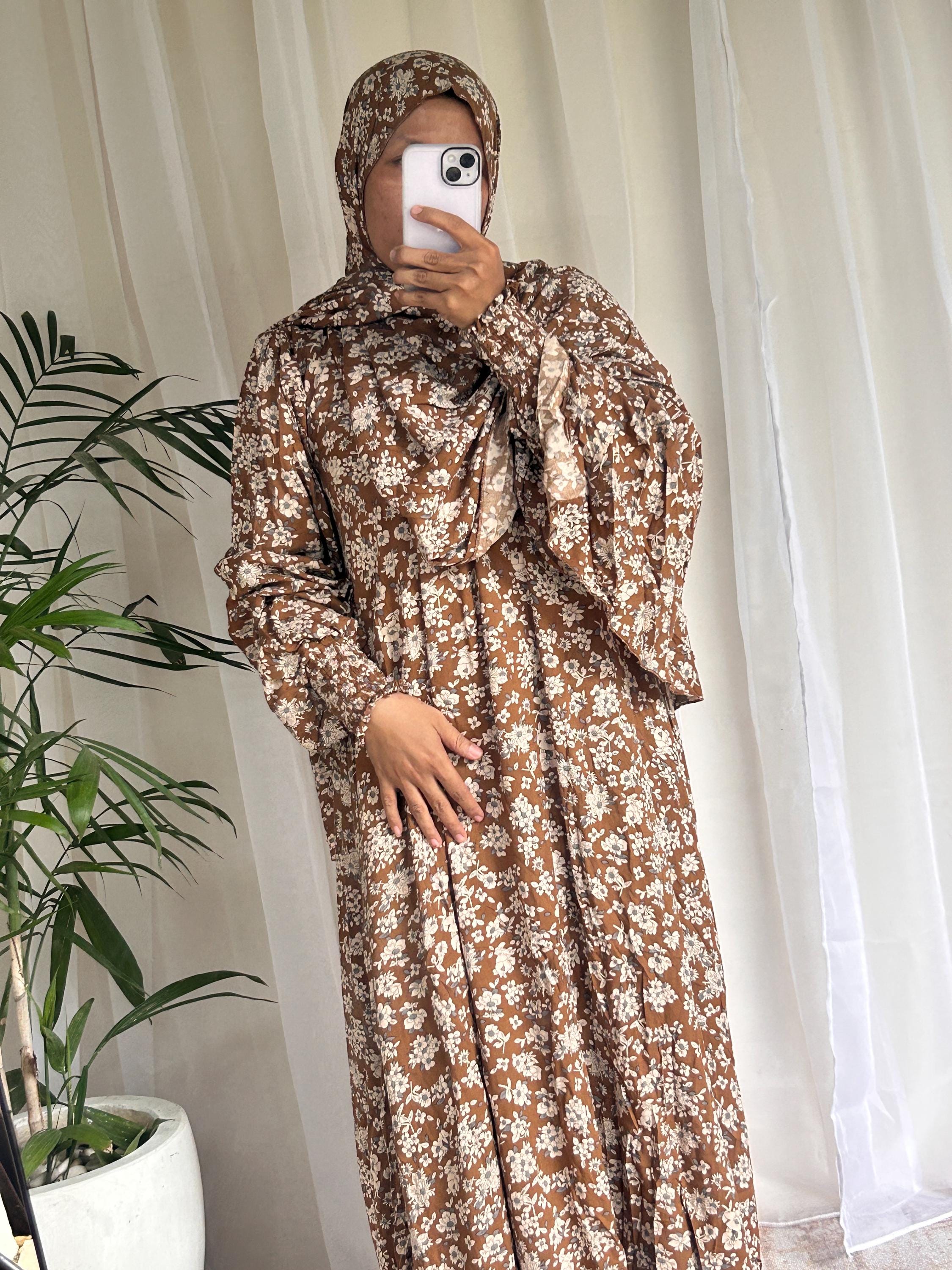Earth Tone Floral Prayer Dress with Attached Hijab | Modest Muslim Prayer Wear