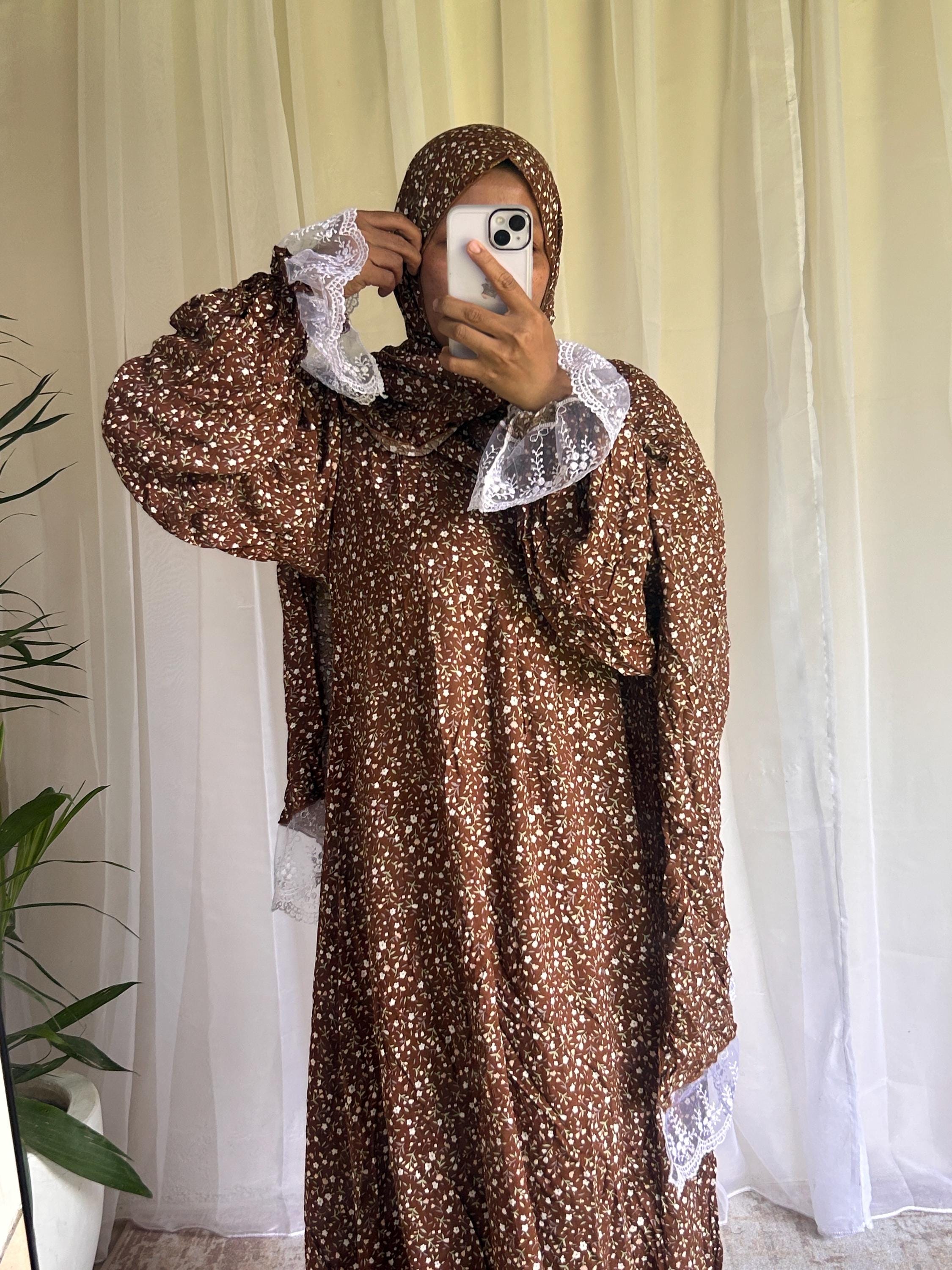 Brown Floral Prayer Dress with Attached Hijab | Flowing A-Line Modest Muslim Wear