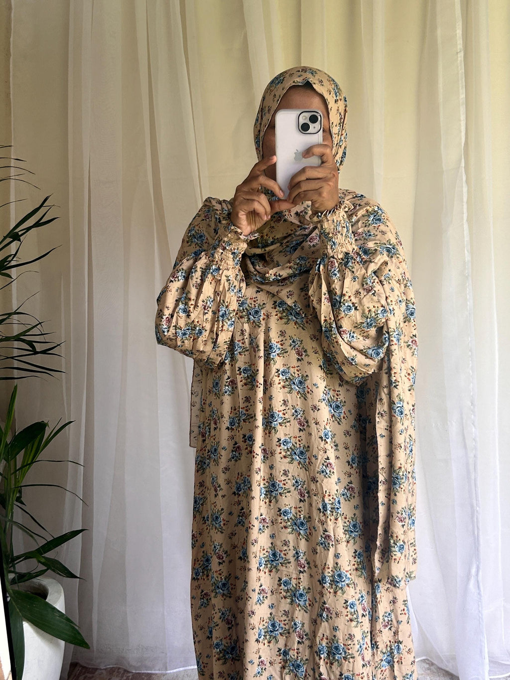 Cream Floral Prayer Dress with Built-In Hijab | Flowing A-Line Modest Wear