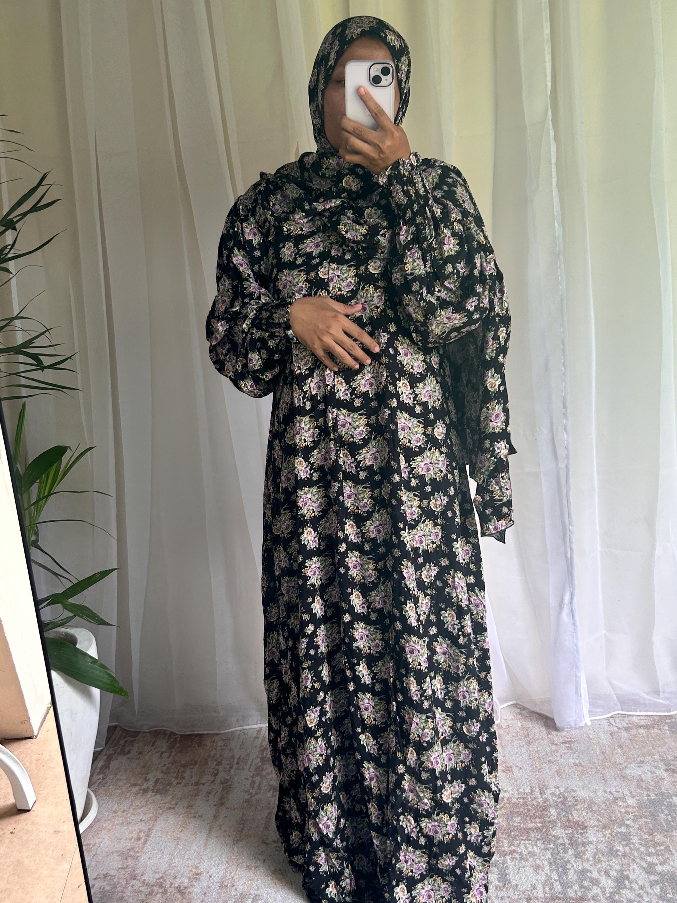 Long Black Floral Prayer Dress | Attached Hijab A-Line Islamic Prayer Outfit