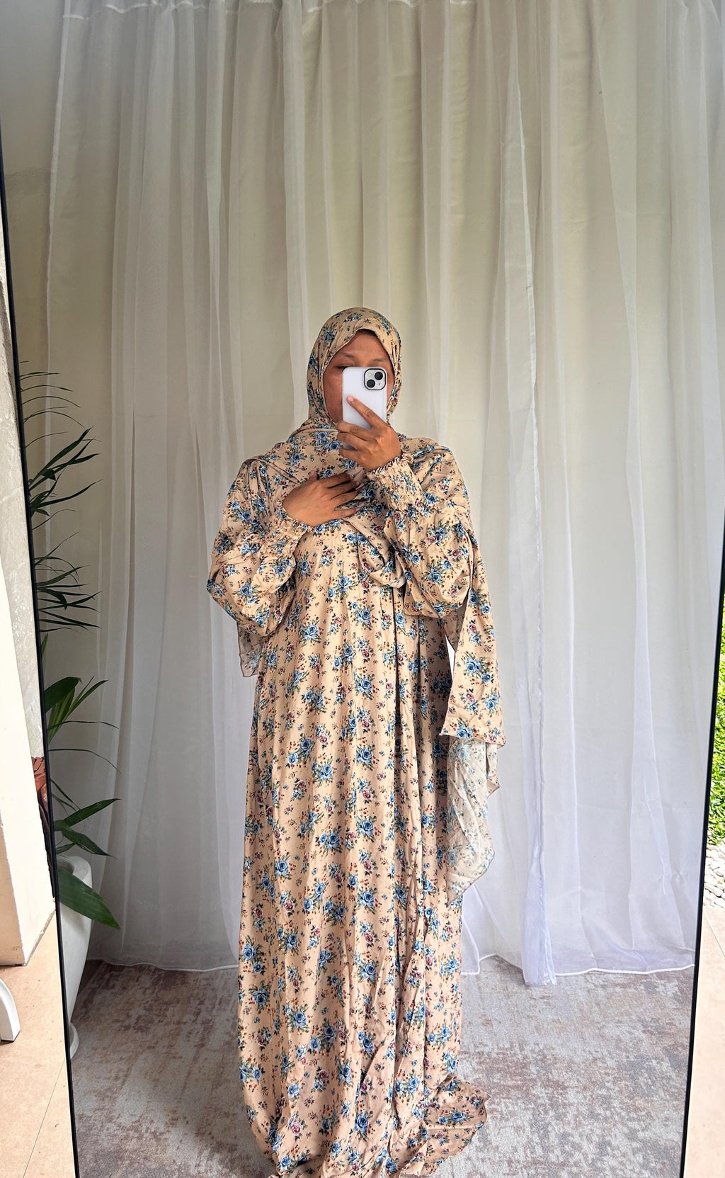 Cream Floral Prayer Dress with Built-In Hijab | Flowing A-Line Modest Wear