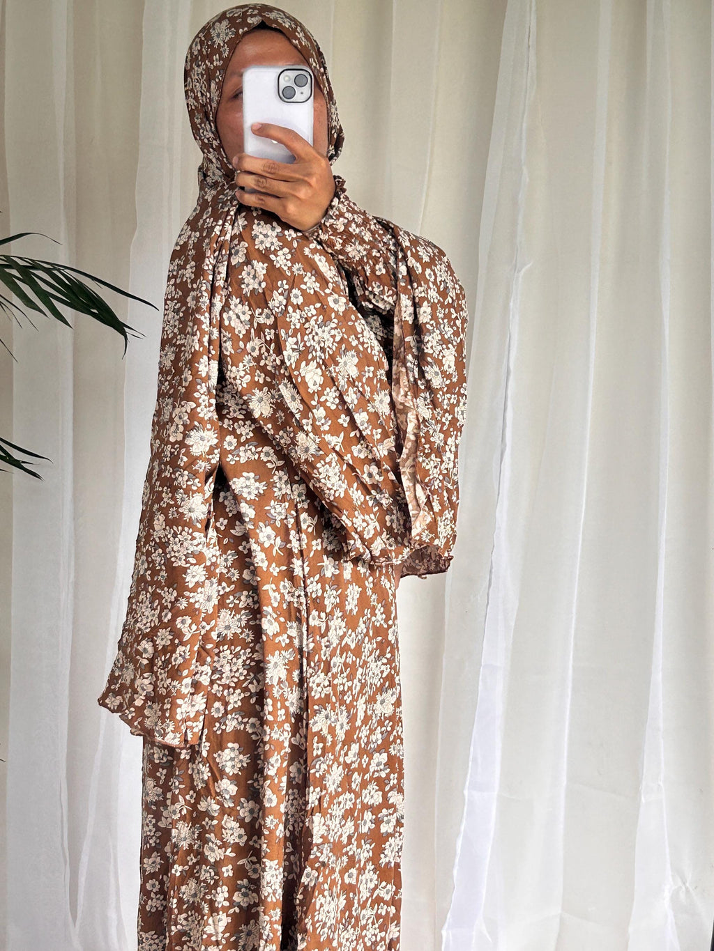 Earth Tone Floral Prayer Dress with Attached Hijab | Modest Muslim Prayer Wear