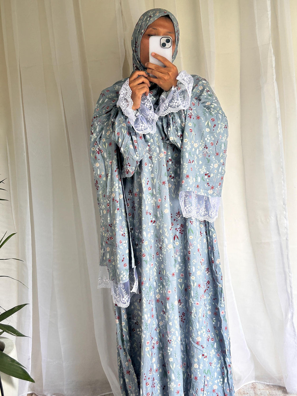 Long Blue Floral Prayer Dress with Attached Hijab | A-Line Modest Islamic Outfit