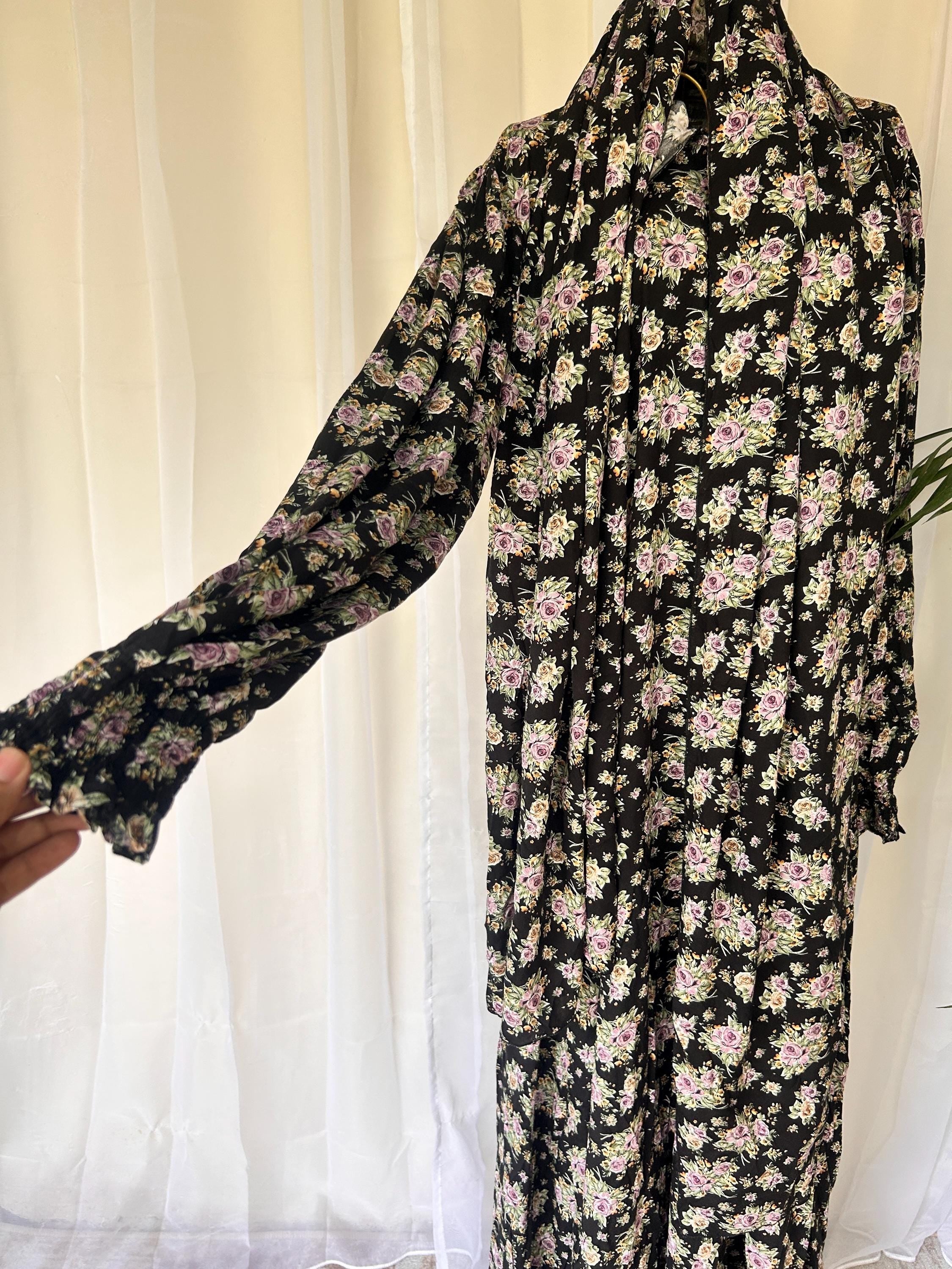 Long Black Floral Prayer Dress | Attached Hijab A-Line Islamic Prayer Outfit