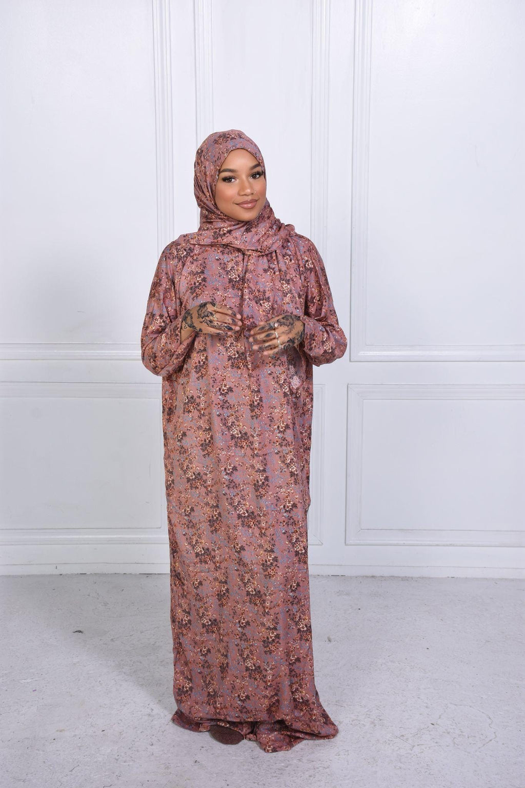 Floral Prayer Dress with Attached Hijab | Lightweight Modest Mukena for Women & Kids