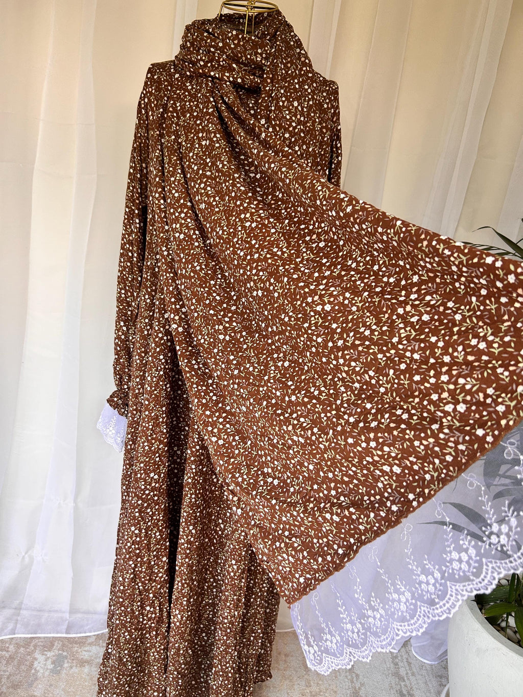 Brown Floral Prayer Dress with Attached Hijab | Flowing A-Line Modest Muslim Wear