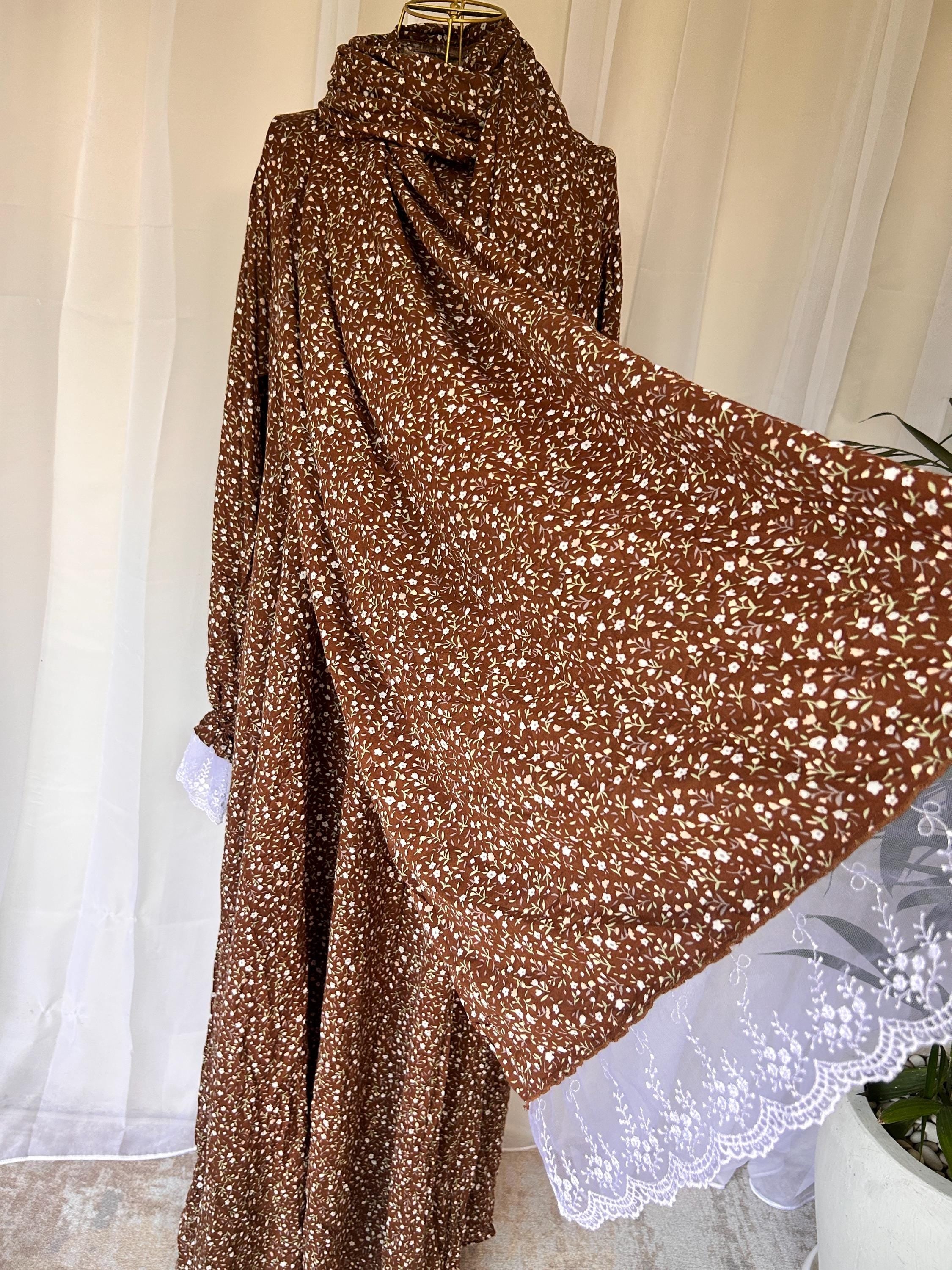 Brown Floral Prayer Dress with Attached Hijab | Flowing A-Line Modest Muslim Wear