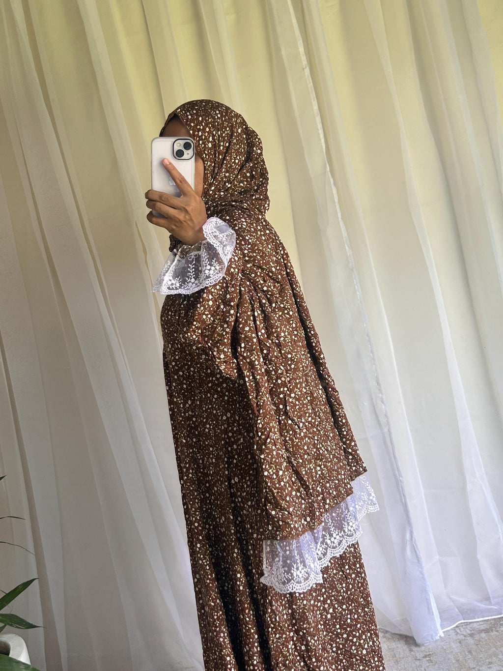 Brown Floral Prayer Dress with Attached Hijab | Flowing A-Line Modest Muslim Wear