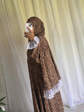 Brown Floral Prayer Dress with Attached Hijab | Flowing A-Line Modest Muslim Wear
