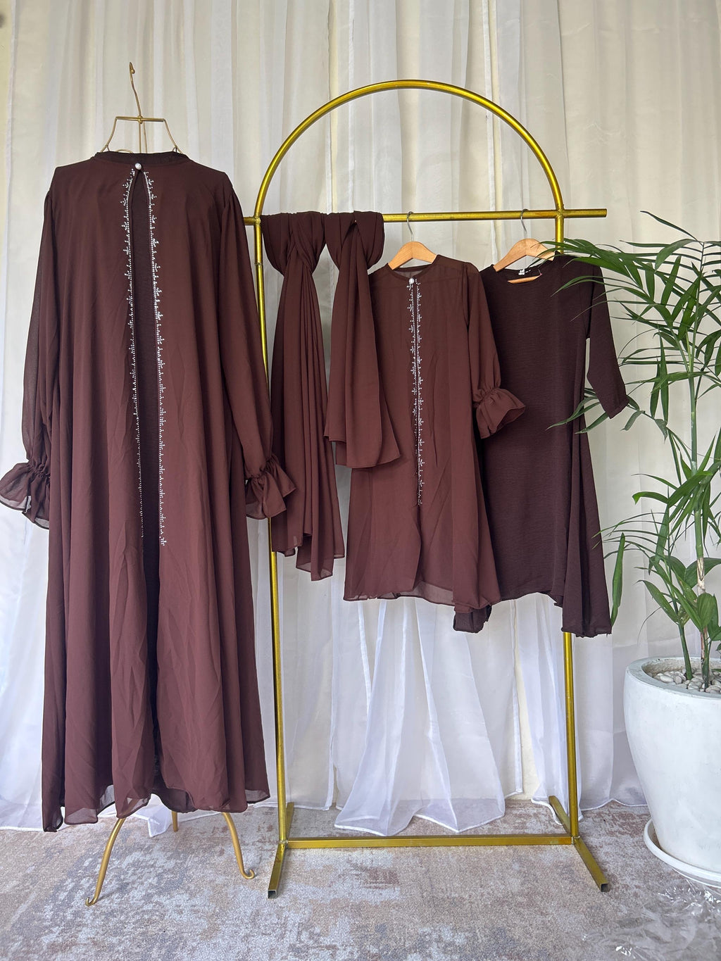Raina Ramadan Modest Mommy and Me Dress Set Lightweight with Pashmina Hijab Brown