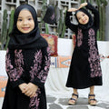 PINK MANAL Black Muslim Girl Dress for Ramadan Eid & Umrah – Embroidered Abaya Set with Pashmina Hijab (Ages 2–9)