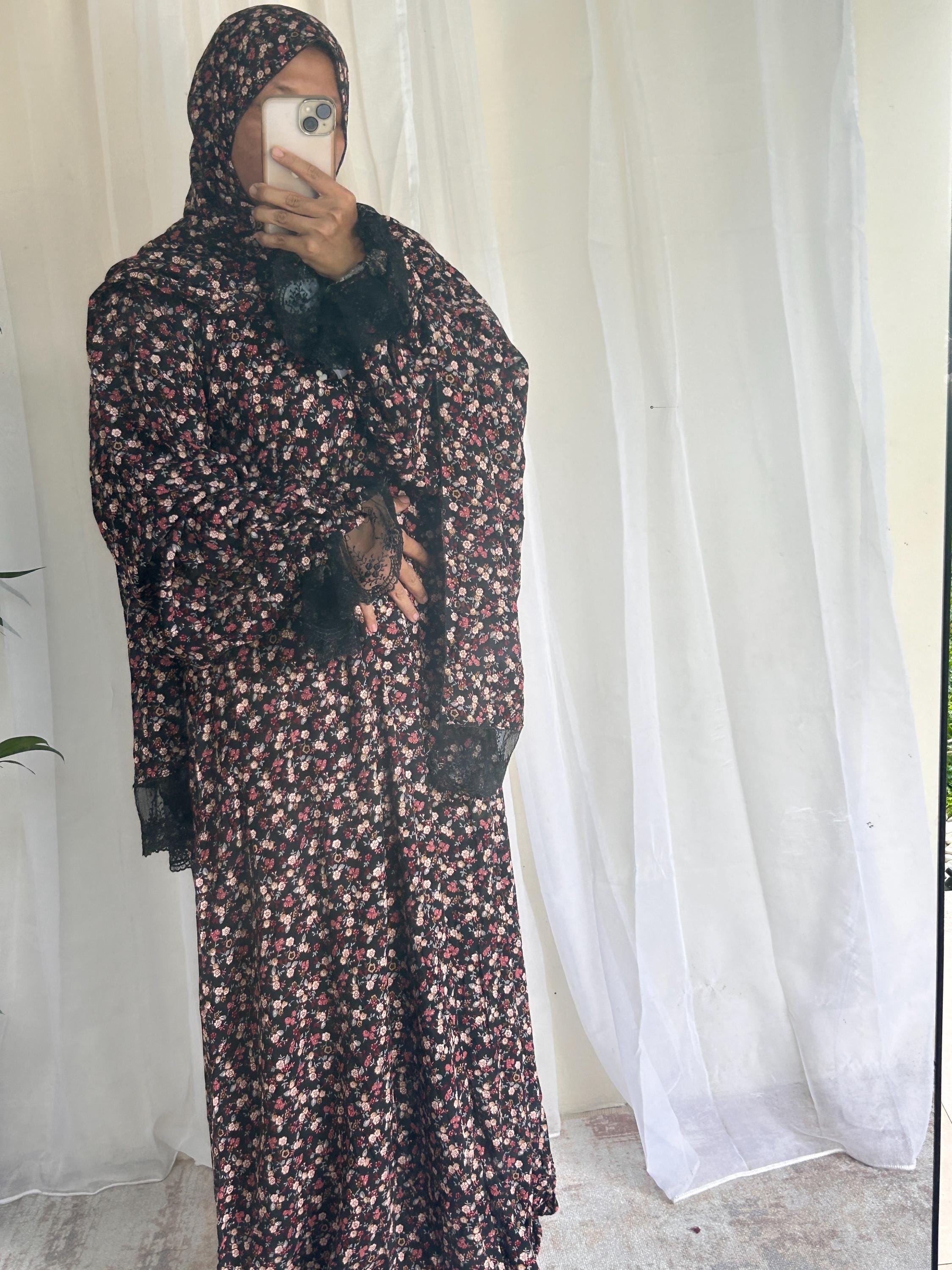 Black & Brown Floral Prayer Dress with Attached Hijab | Long A-Line Mukena