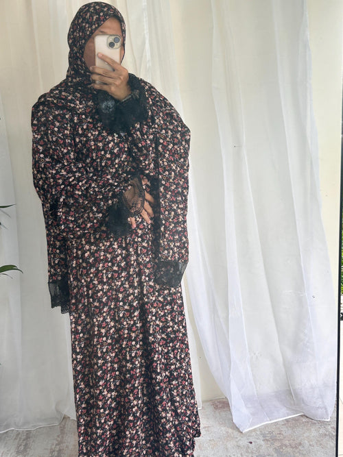 Black & Brown Floral Prayer Dress with Attached Hijab | Long A-Line Mukena