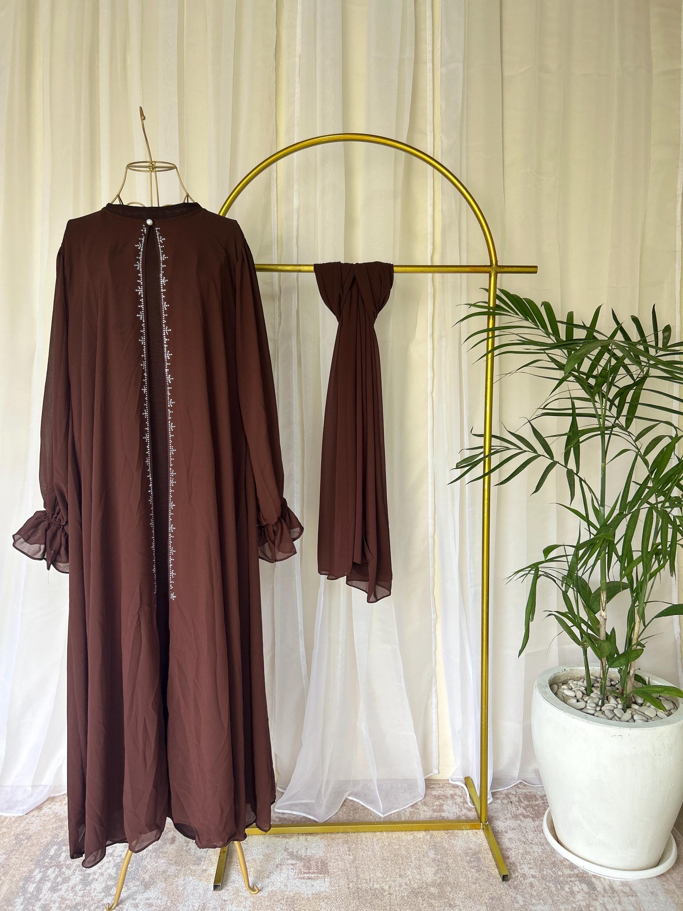 Raina Ramadan Modest Mommy and Me Dress Set Lightweight with Pashmina Hijab Brown