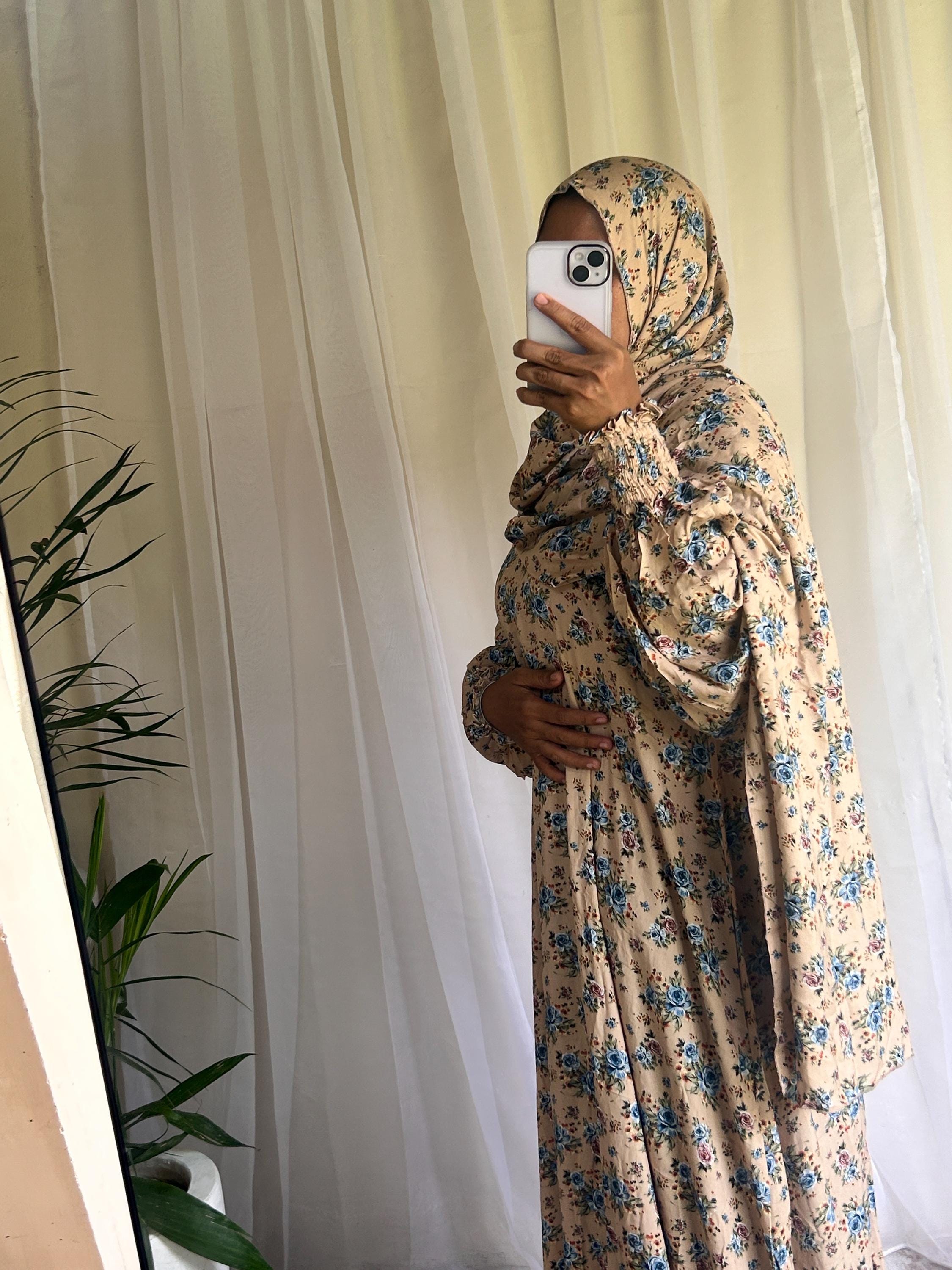 Cream Floral Prayer Dress with Built-In Hijab | Flowing A-Line Modest Wear