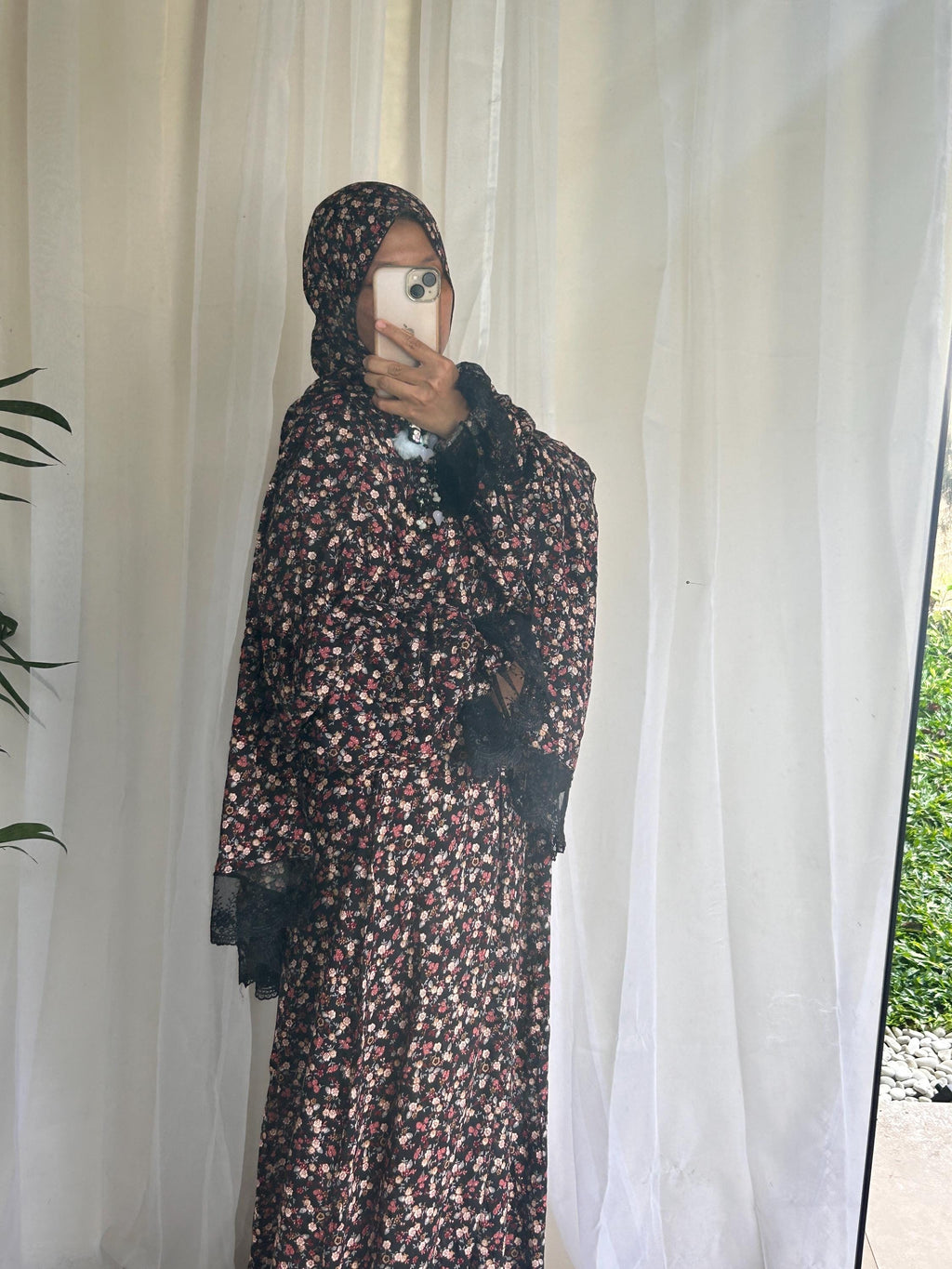 Black & Brown Floral Prayer Dress with Attached Hijab | Long A-Line Mukena