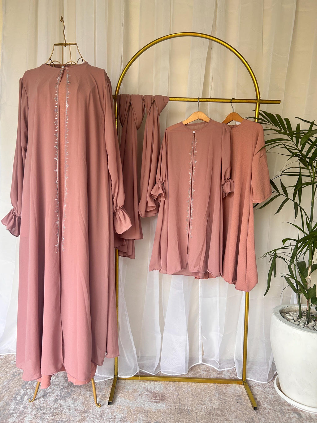 Raina Elegant Modest Mommy and Me Dress Set with Pashmina Hijab Dusty Pink