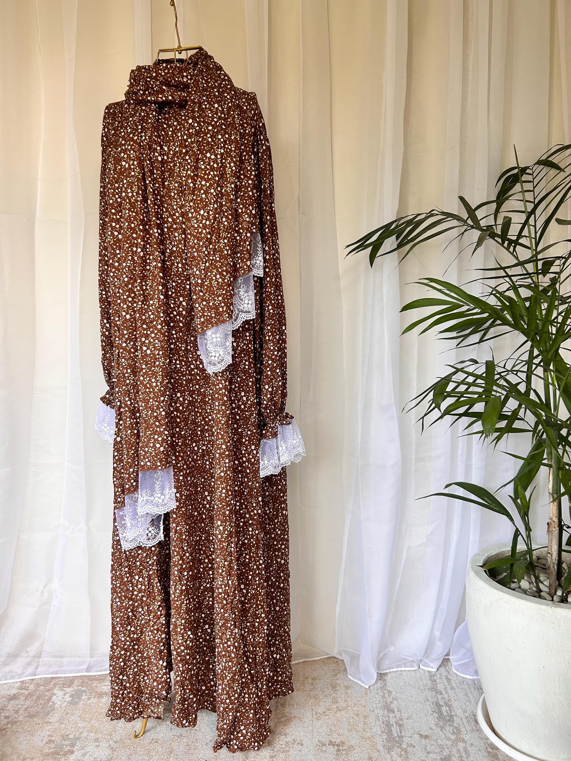 Brown Floral Prayer Dress with Attached Hijab | Flowing A-Line Modest Muslim Wear