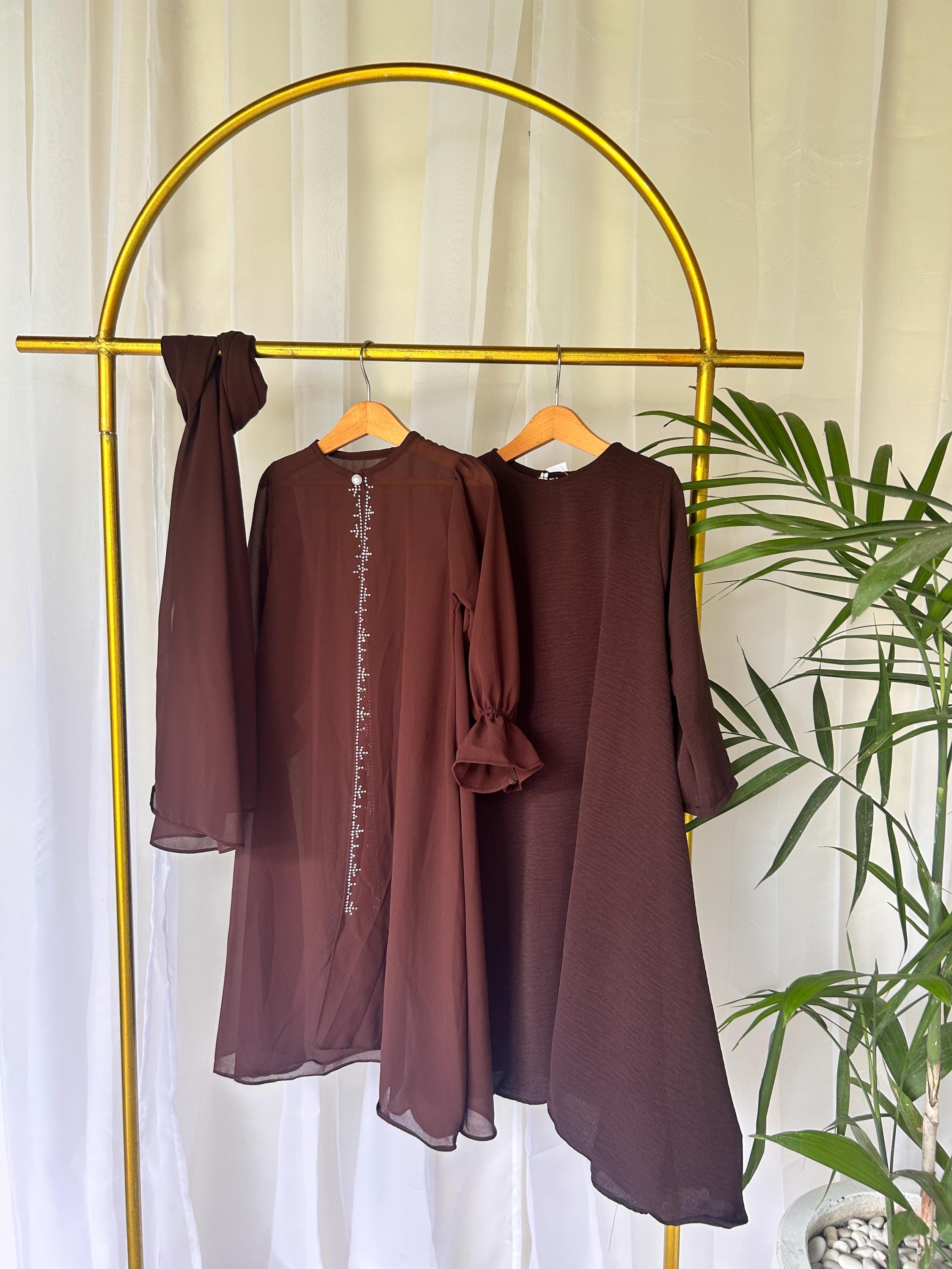 Raina Ramadan Modest Mommy and Me Dress Set Lightweight with Pashmina Hijab Brown