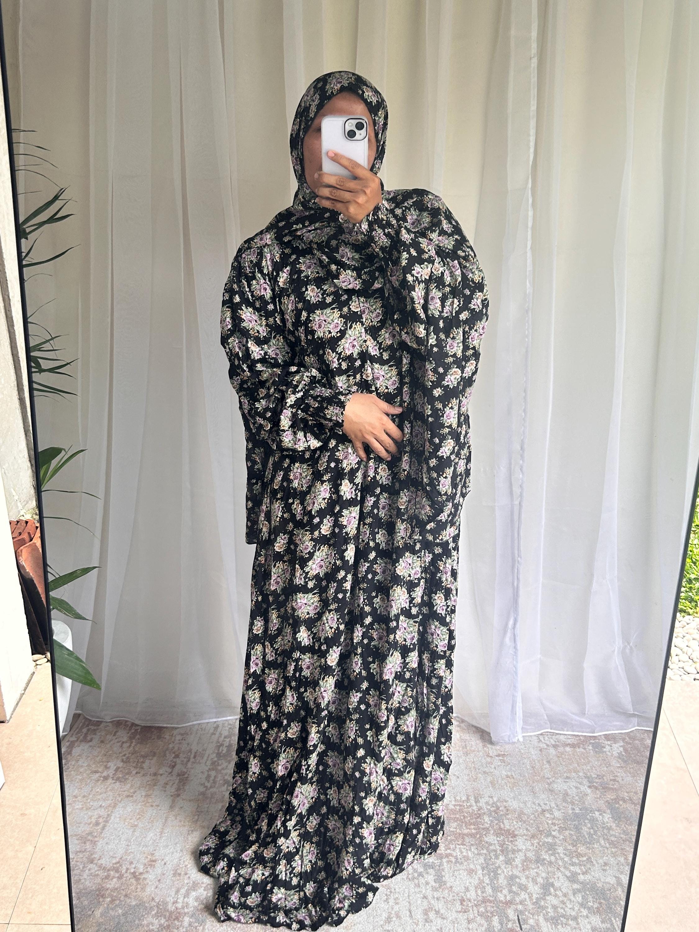 Long Black Floral Prayer Dress | Attached Hijab A-Line Islamic Prayer Outfit