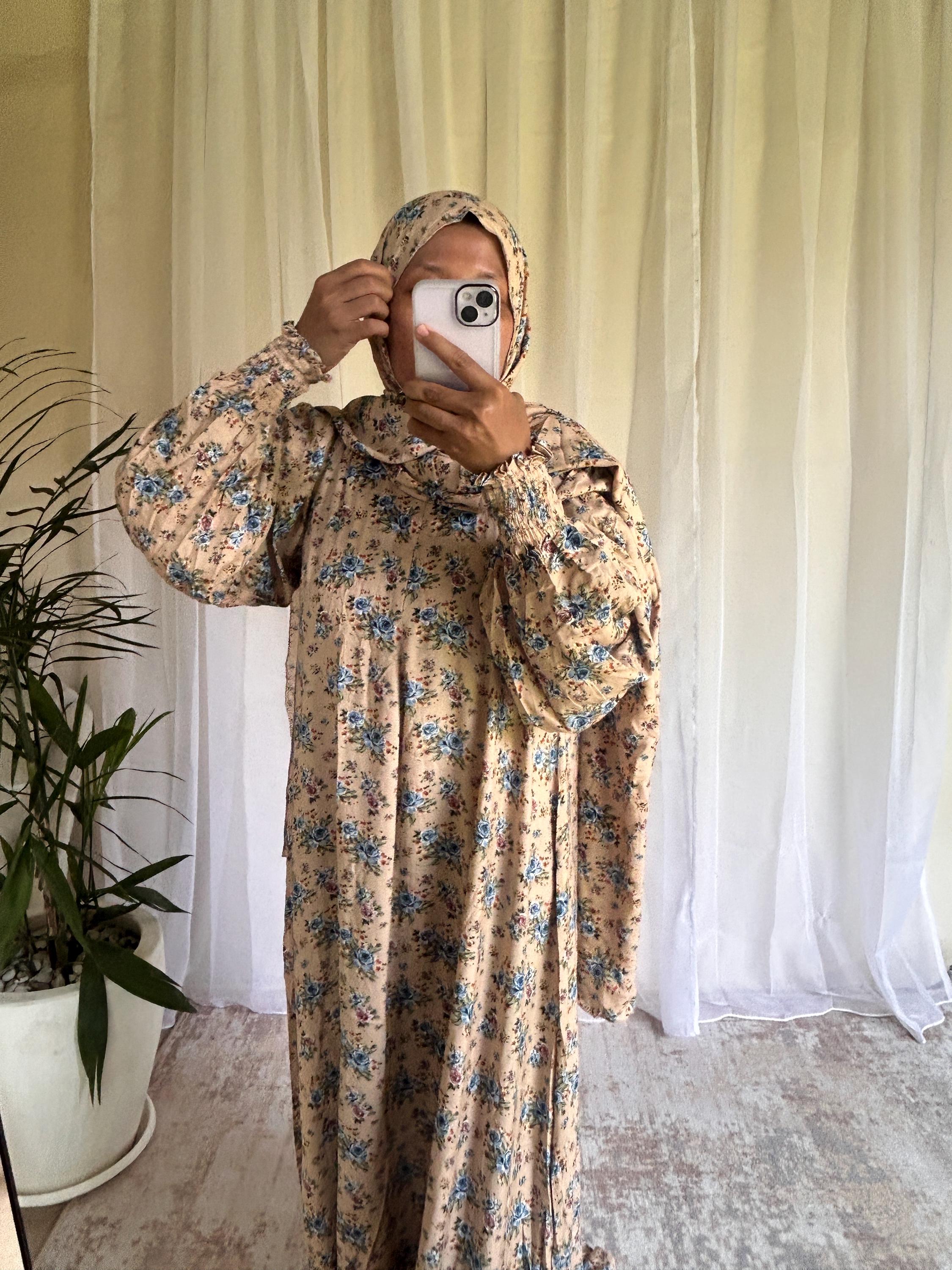 Cream Floral Prayer Dress with Built-In Hijab | Flowing A-Line Modest Wear