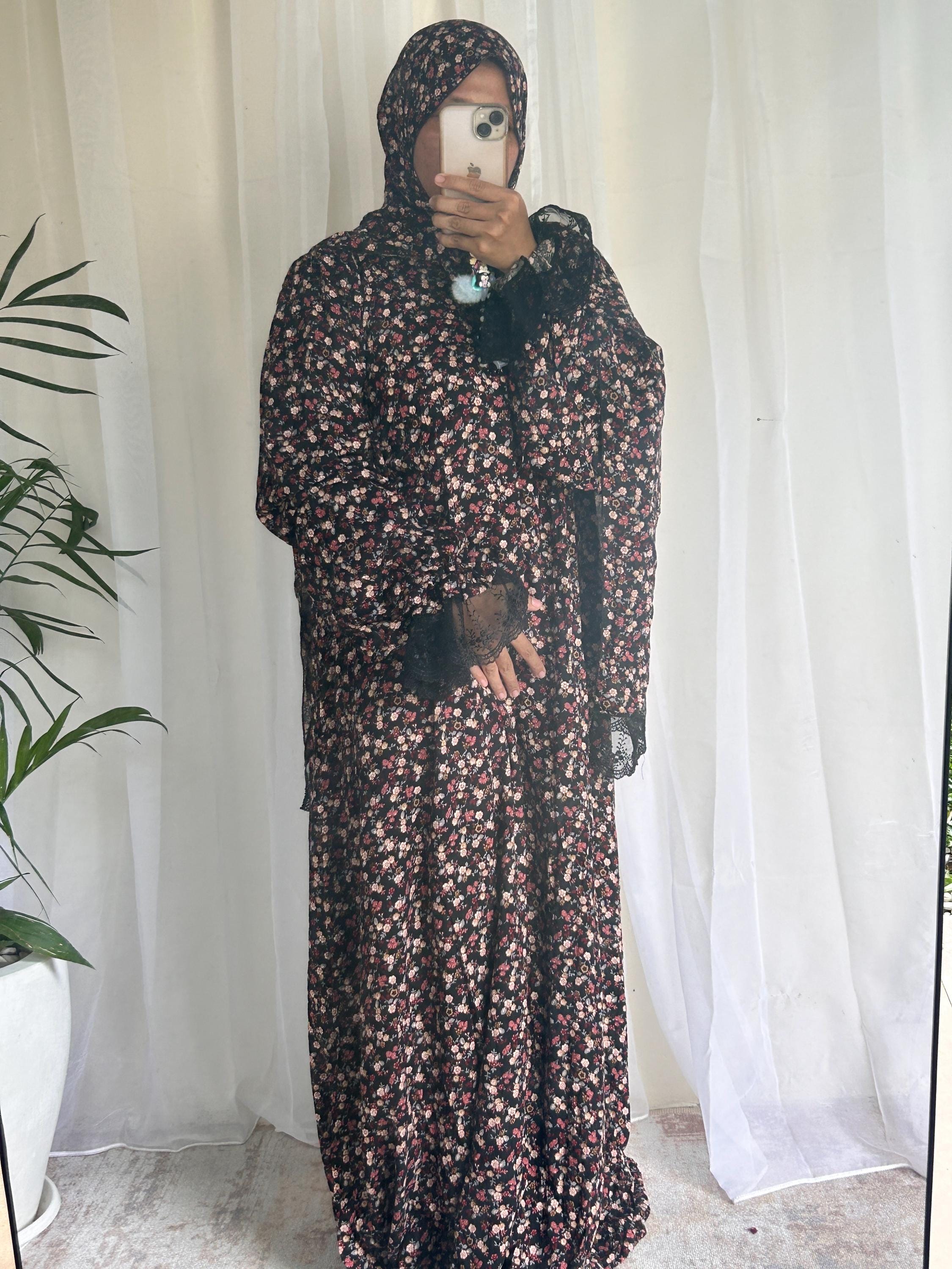 Black & Brown Floral Prayer Dress with Attached Hijab | Long A-Line Mukena