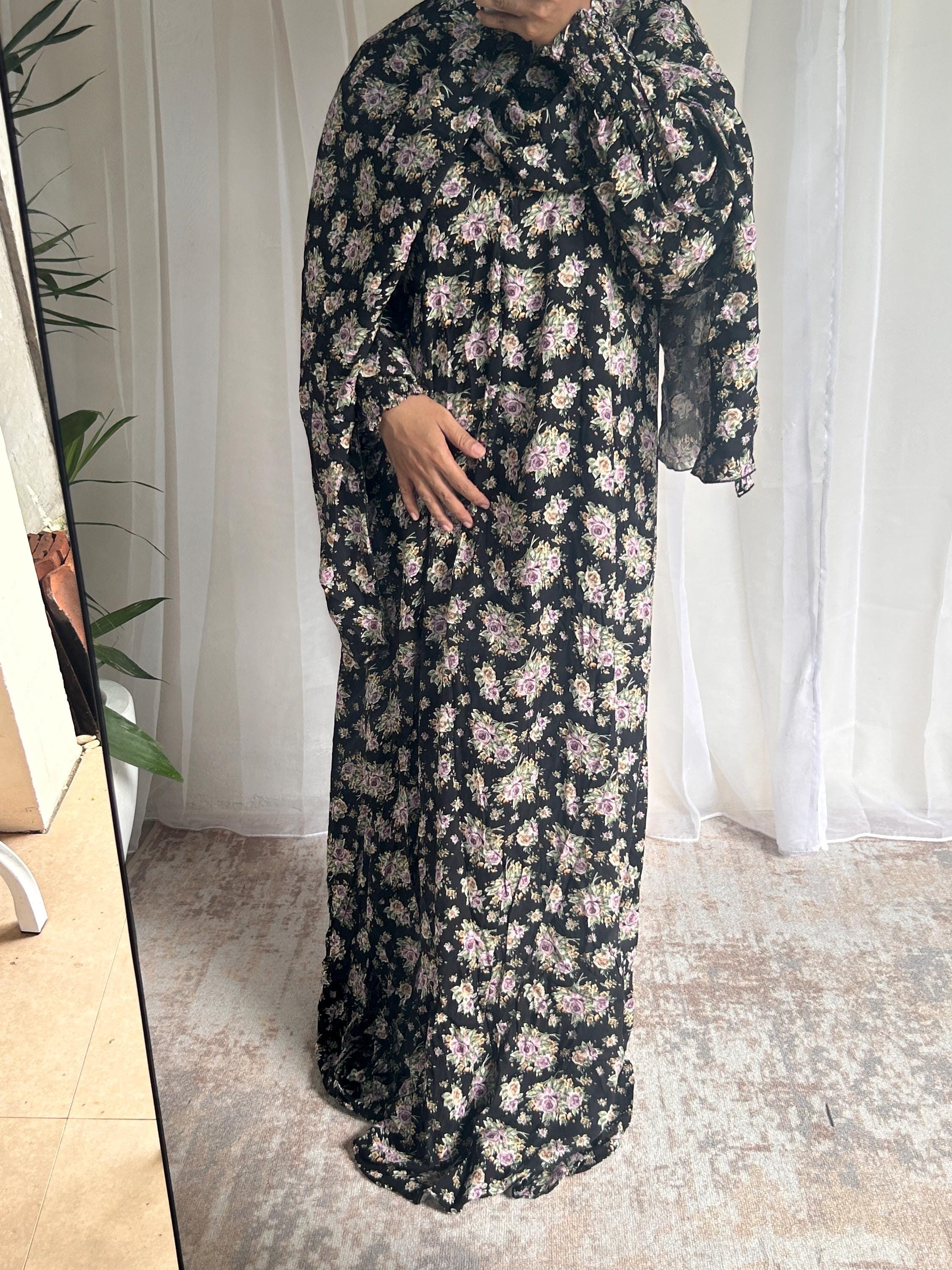 Long Black Floral Prayer Dress | Attached Hijab A-Line Islamic Prayer Outfit