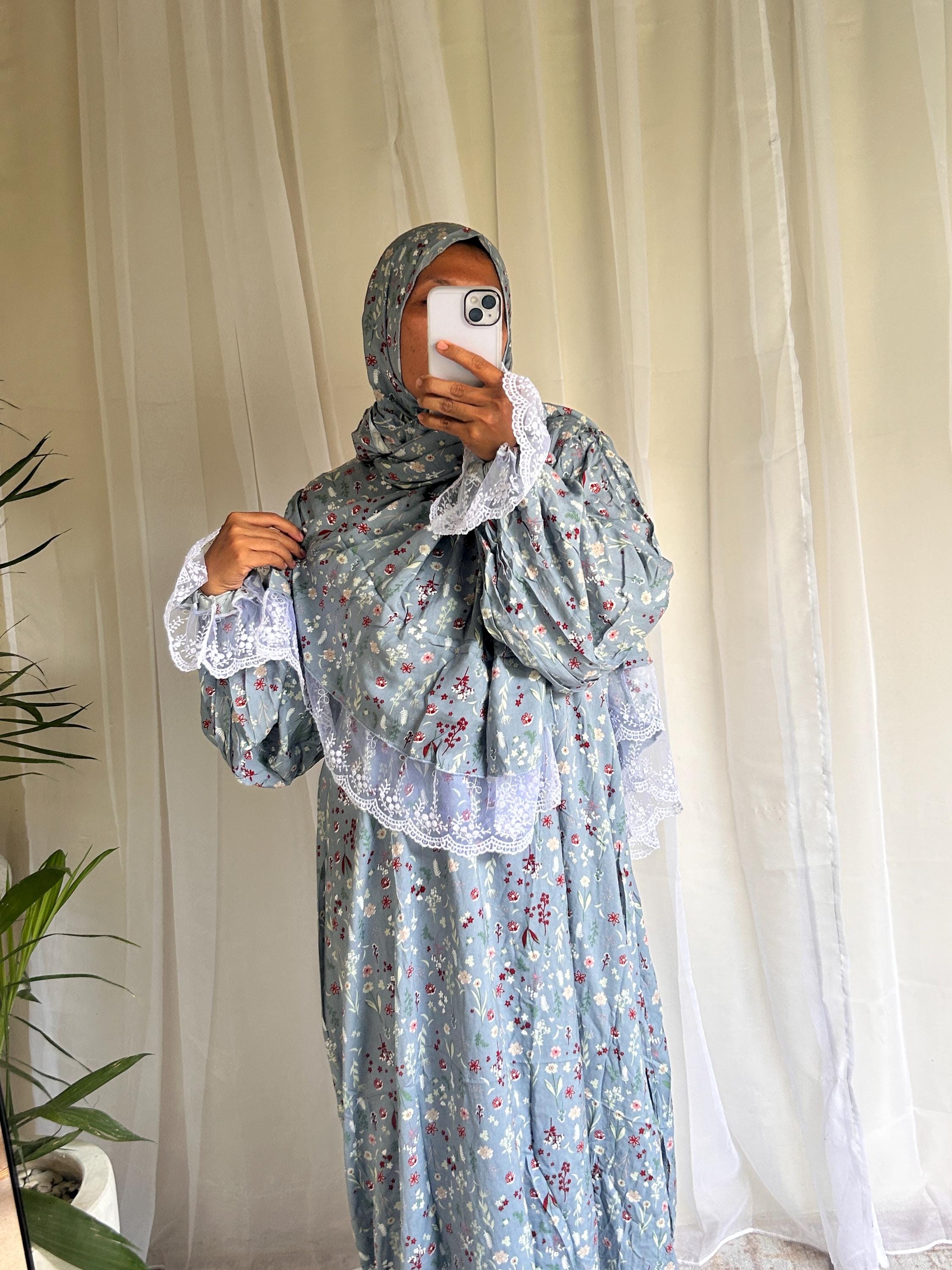 Long Blue Floral Prayer Dress with Attached Hijab | A-Line Modest Islamic Outfit