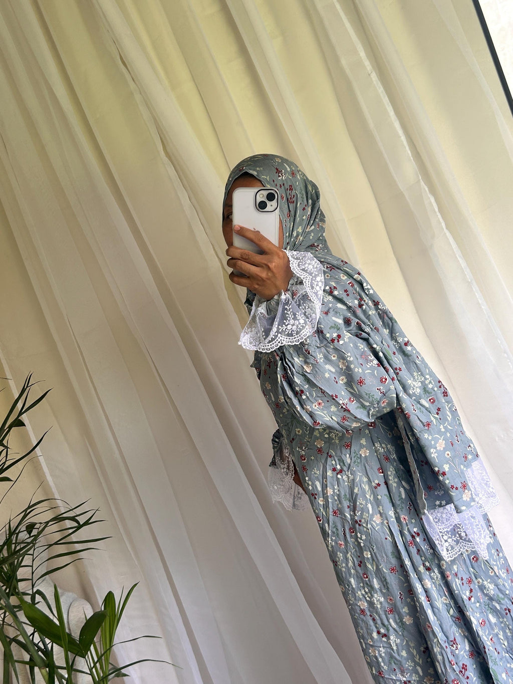 Long Blue Floral Prayer Dress with Attached Hijab | A-Line Modest Islamic Outfit