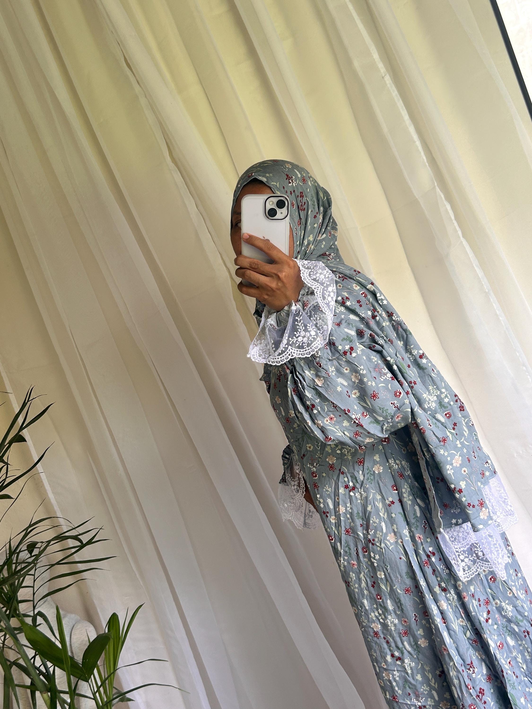 Long Blue Floral Prayer Dress with Attached Hijab | A-Line Modest Islamic Outfit