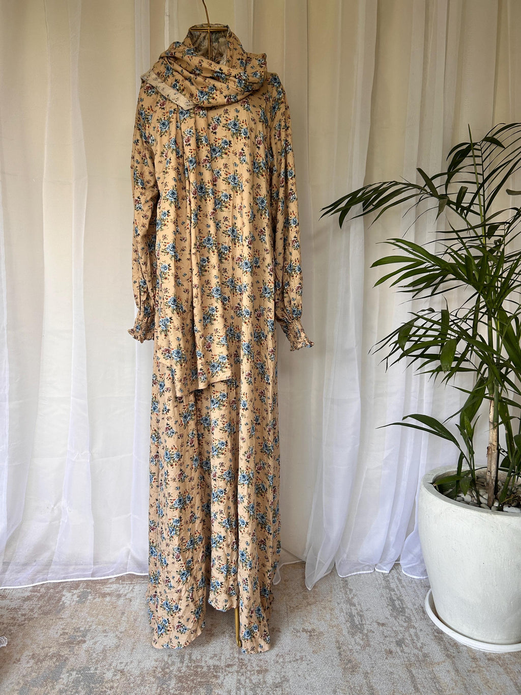 Cream Floral Prayer Dress with Built-In Hijab | Flowing A-Line Modest Wear
