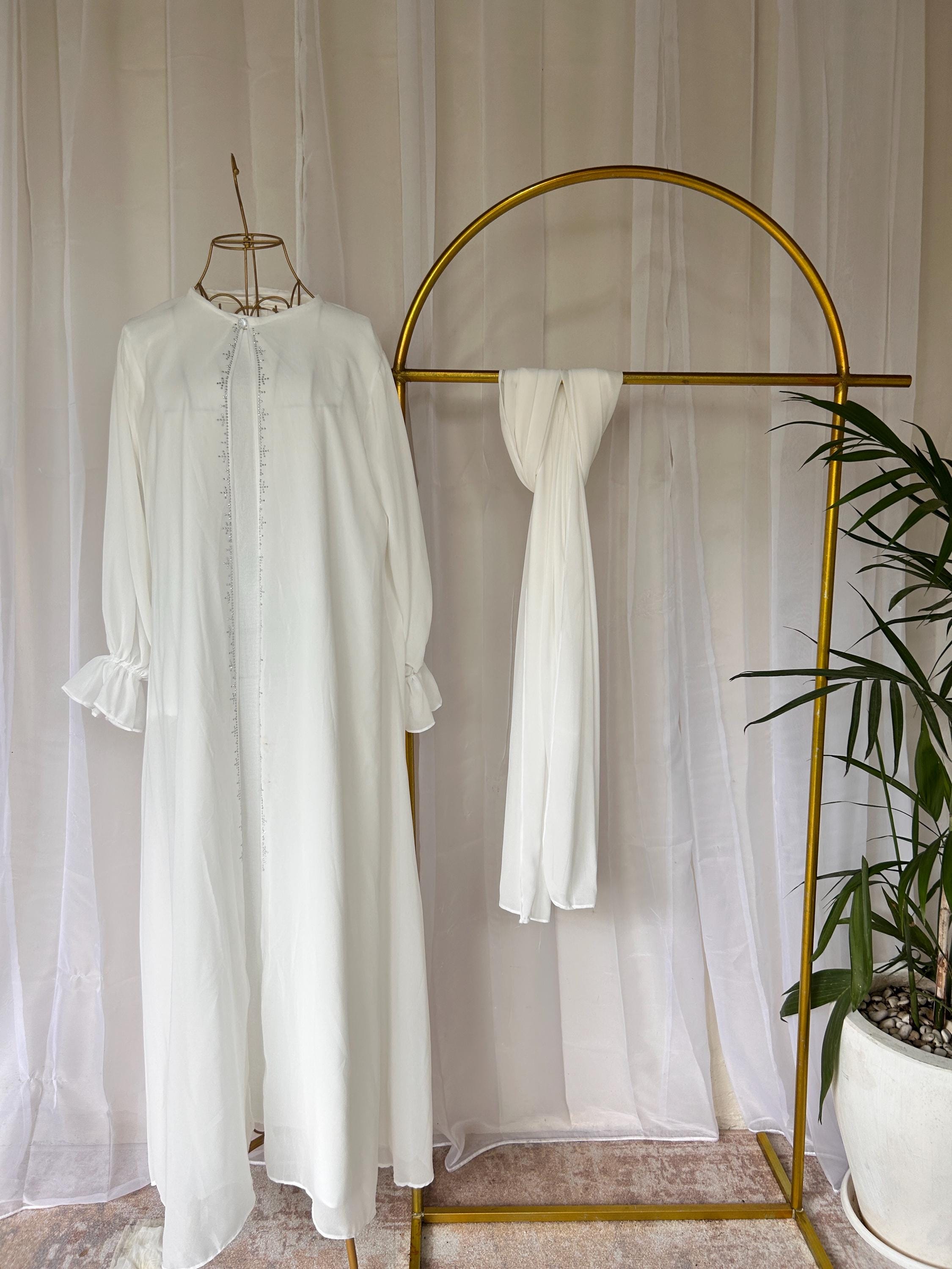 Raina Classic Modest Mommy and Me Dress Set with Pashmina Hijab Broken White