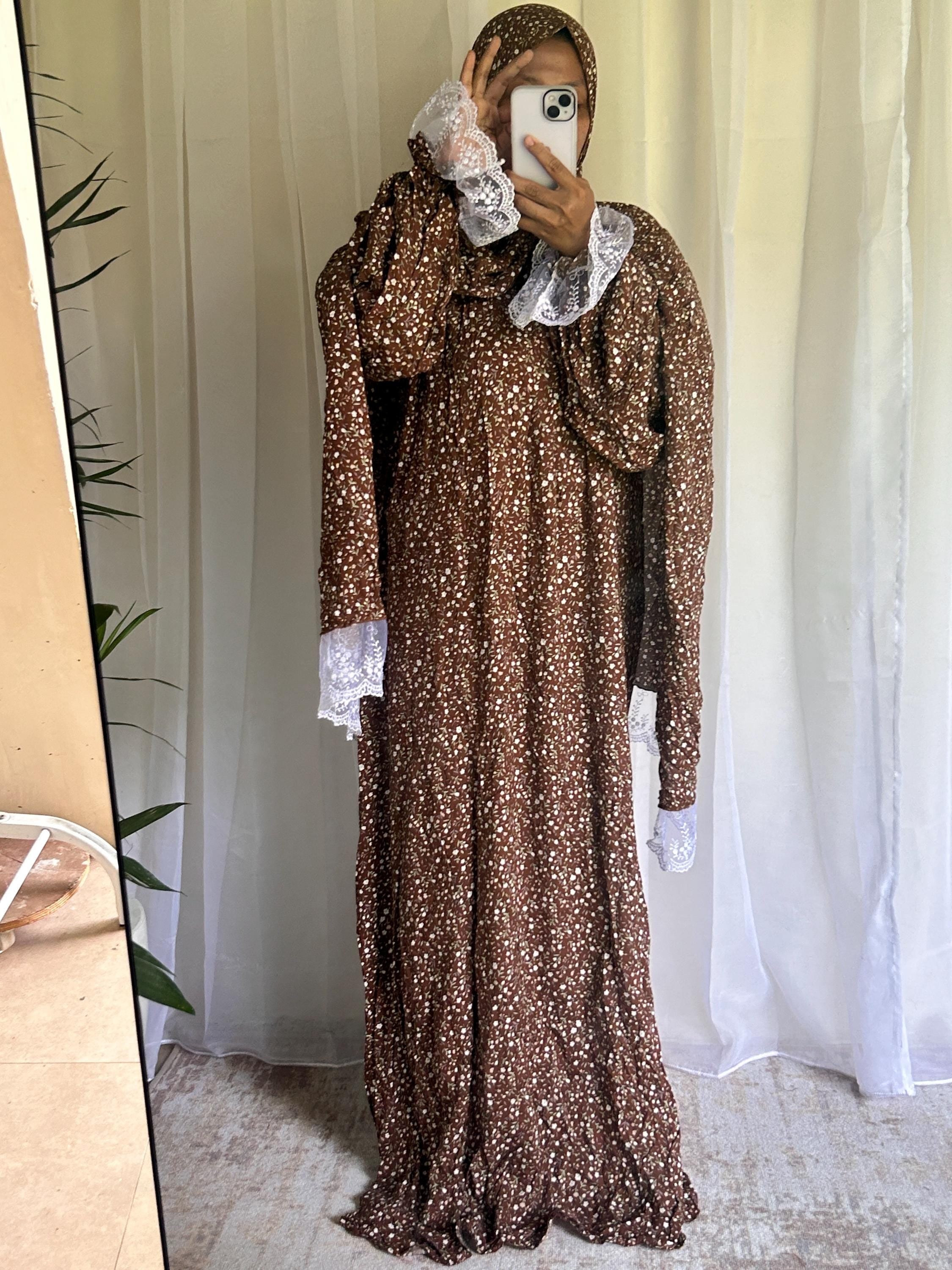 Brown Floral Prayer Dress with Attached Hijab | Flowing A-Line Modest Muslim Wear